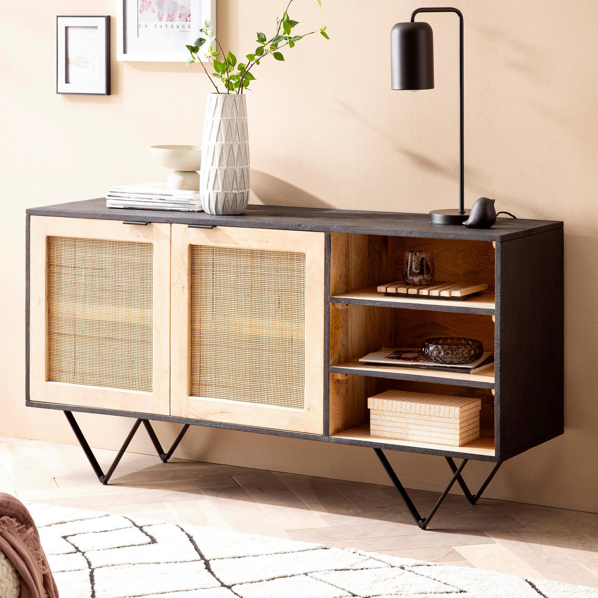 SIDEBOARD 145/75/40 cm  - Hellbraun/Schwarz, LIFESTYLE, Holz/Metall (145/75/40cm) - MID.YOU