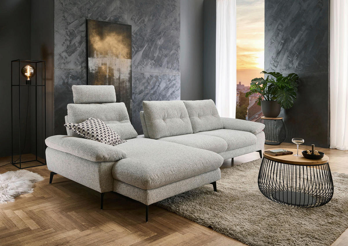 ECKSOFA Hellgrau Flachgewebe  - Hellgrau/Schwarz, Design, Textil/Metall (168/303cm) - Valdera