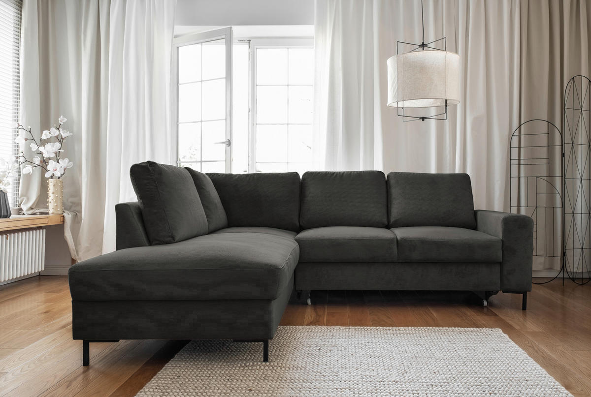 ECKSOFA in Cord Grau  - Schwarz/Grau, Design, Textil/Metall (197/237cm) - MID.YOU