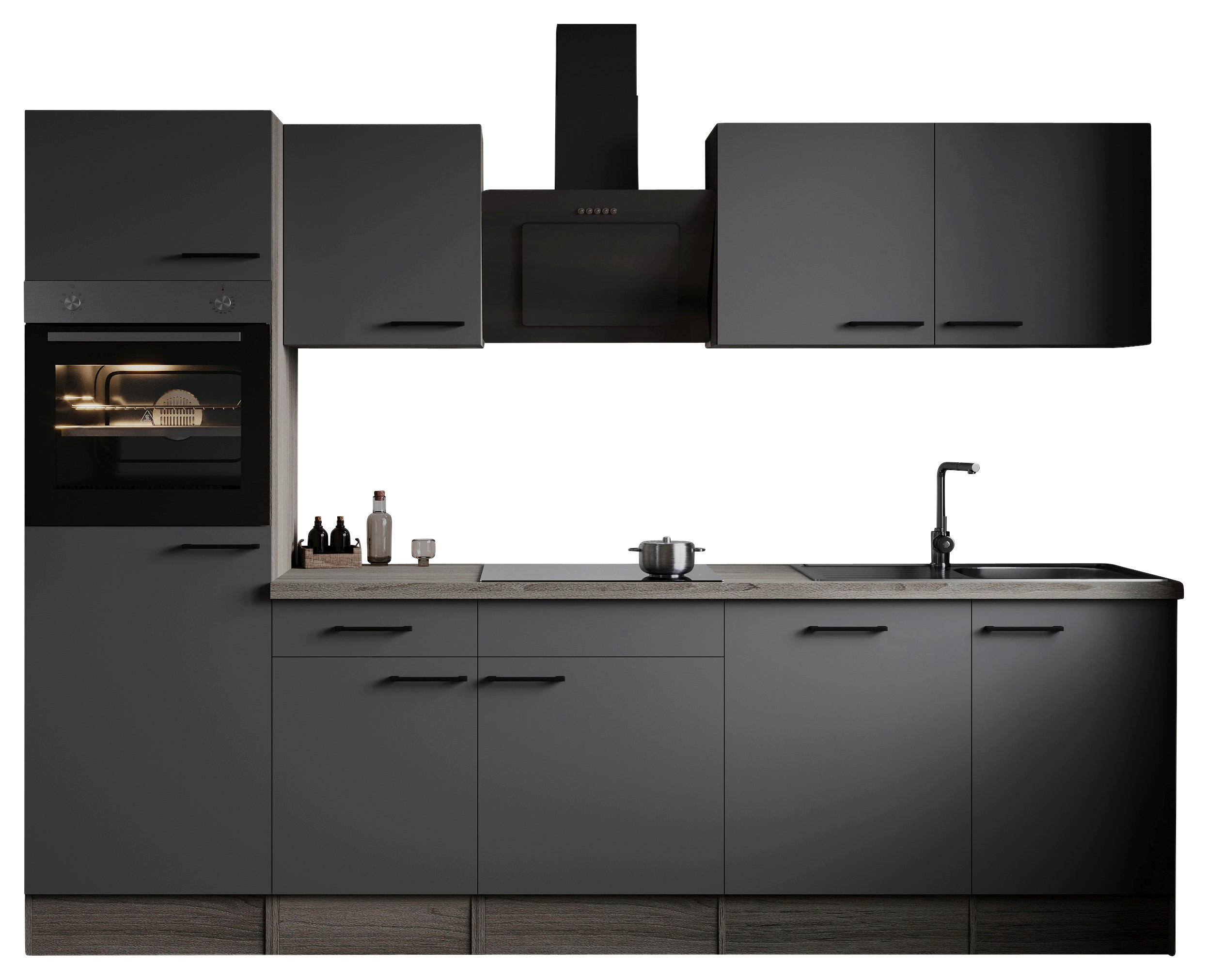 KÜCHENBLOCK 280 cm   in Grau, Eichefarben  - Eichefarben/Schwarz, Design, Holzwerkstoff/Metall (280cm) - Respekta