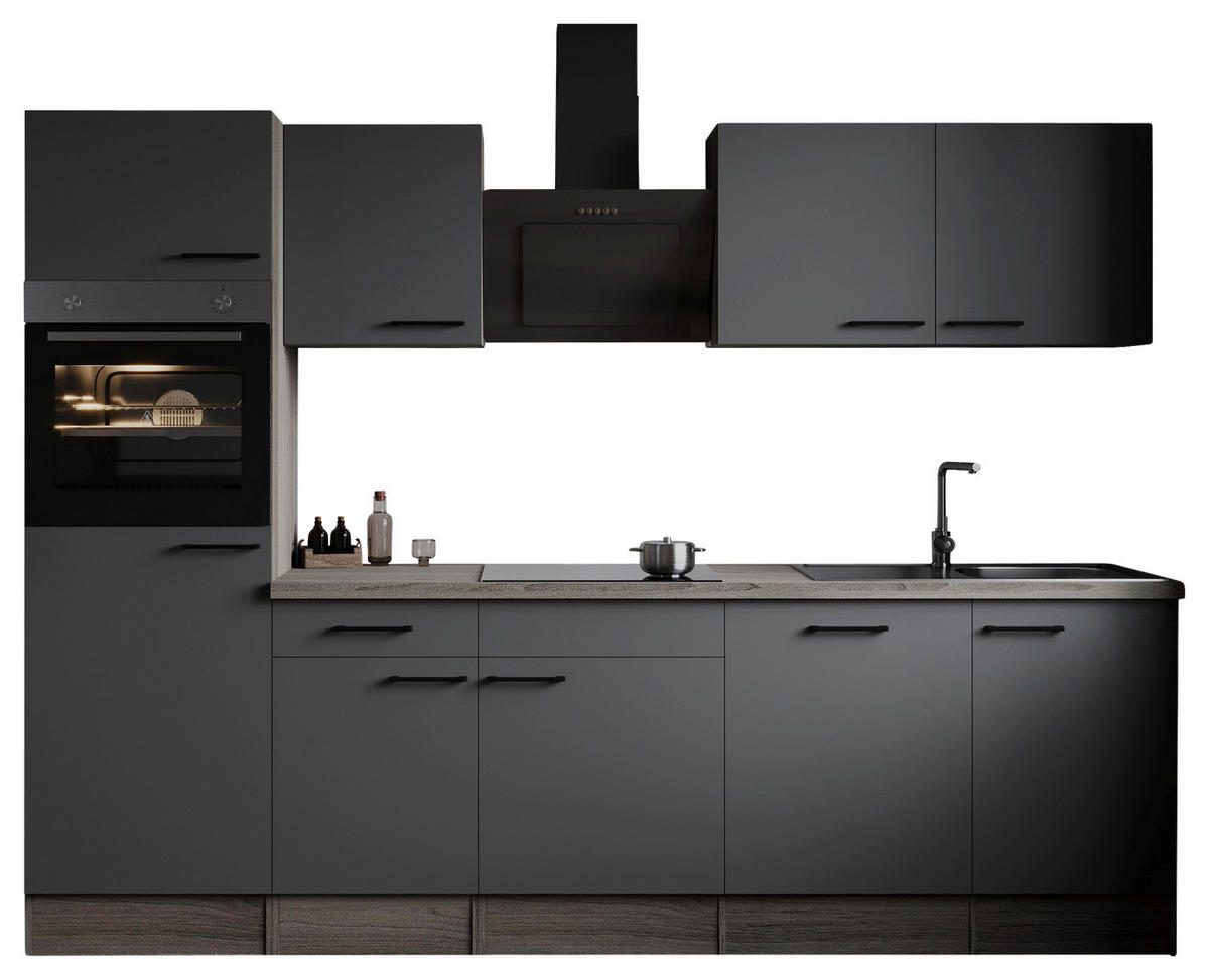 KÜCHENBLOCK 280 cm   in Grau, Eichefarben  - Eichefarben/Schwarz, Design, Holzwerkstoff/Metall (280cm) - Respekta