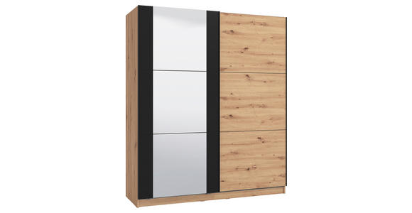 SCHWEBETÜRENSCHRANK 2-türig Schwarz, Eichefarben - Eichefarben/Schwarz, Basics, Glas/Holzwerkstoff (179/210/62,5cm) - Xora