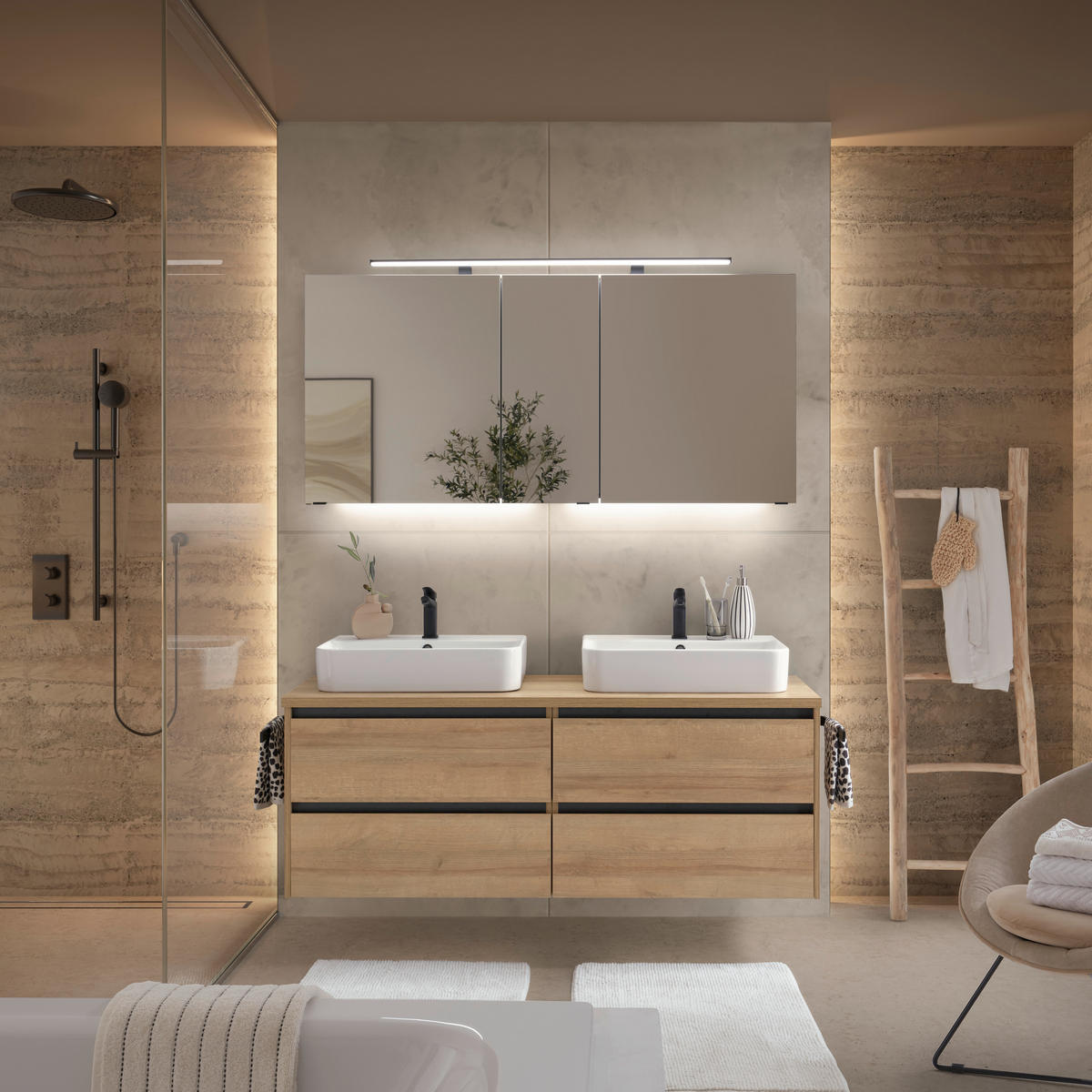 BADEZIMMER 4-teilig  in 152 cm  - Eichefarben/Weiß, Design, Glas/Keramik (152cm) - Musterring