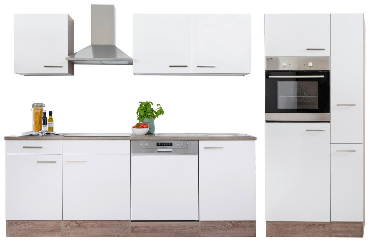 KÜCHENBLOCK 310 cm   in Weiß, Eichefarben  - Edelstahlfarben/Eichefarben, Design, Holzwerkstoff/Metall (310cm) - Respekta