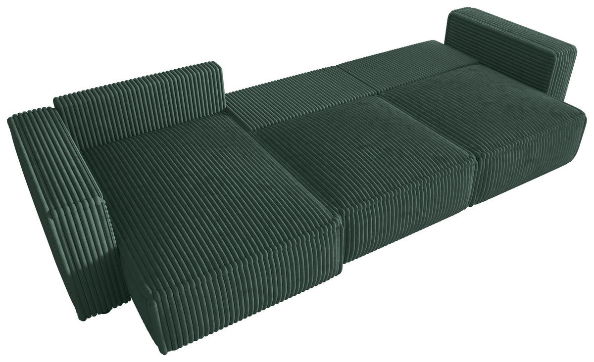 ECKSOFA Dunkelgrün Cord Zierkissen, Rückenkissen, Schlaffunktion, Rücken echt  - Dunkelgrün/Schwarz, MODERN, Kunststoff/Textil (350/168cm) - Xora