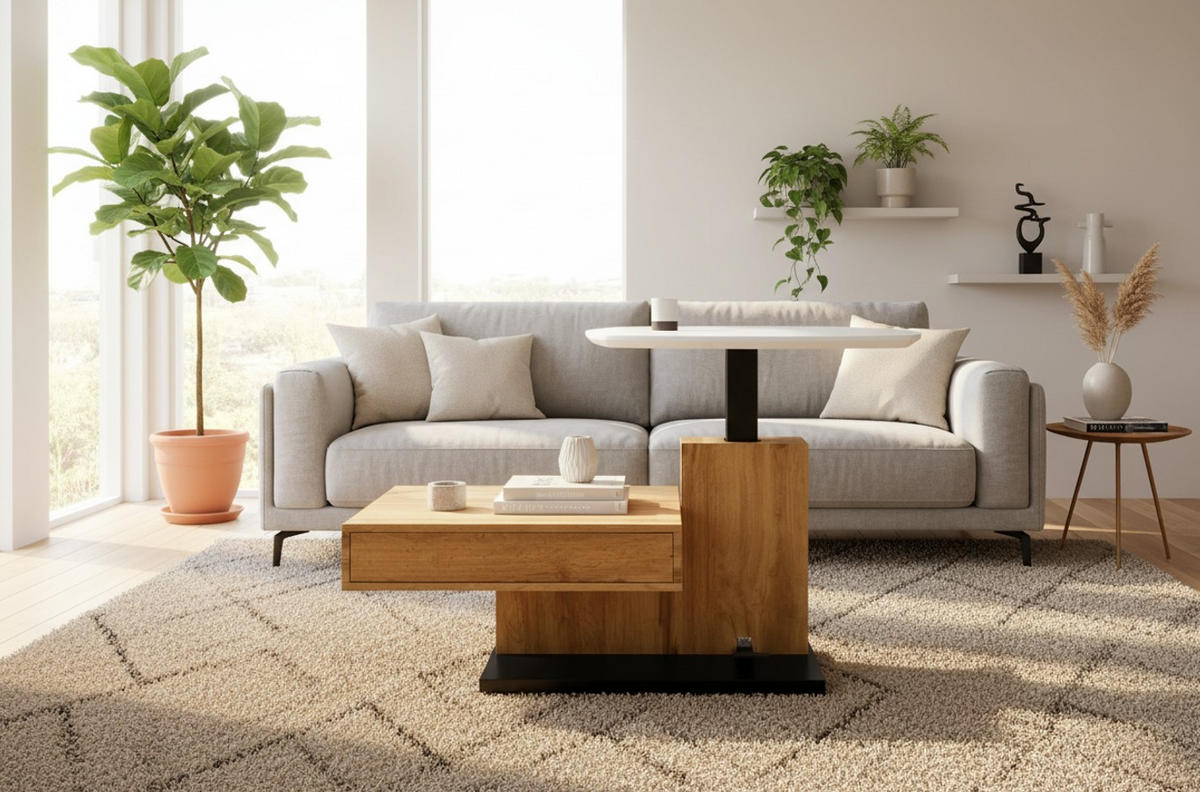 COUCHTISCH 110/70/47.5-66.5 cm quadratisch Schwarz, Weiß, Eichefarben  - Eichefarben/Schwarz, Design, Holzwerkstoff/Metall (110/70/47.5-66.5cm) - MID.YOU