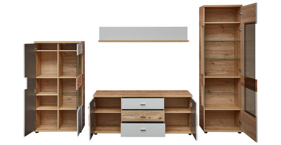 WOHNWAND in Hellgrau, Eiche Artisan, Wildeiche 320/202/48 cm - Wildeiche/Hellgrau, Design, Glas/Holz (320/202/48cm) - Novel