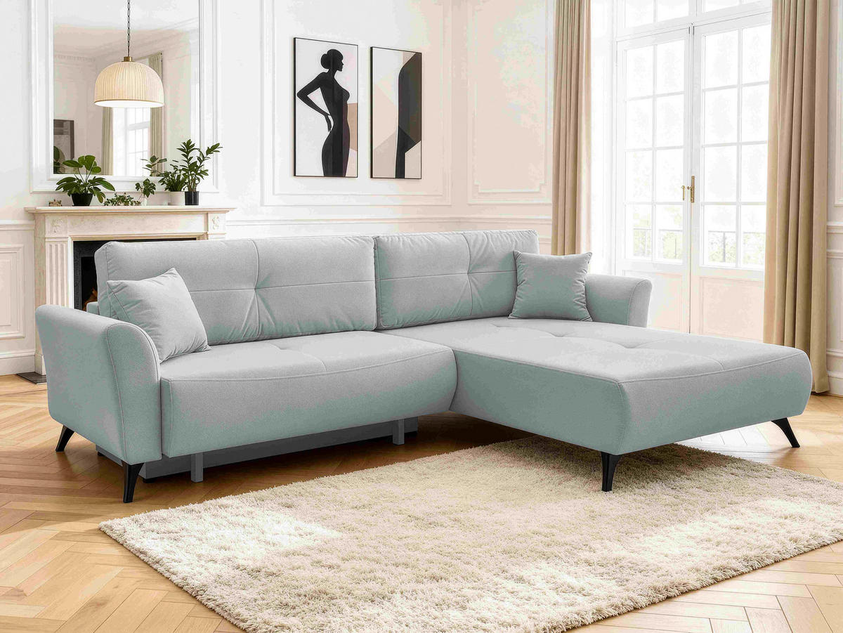 ECKSOFA GEMMA Hellblau Flachgewebe Zierkissen, Rückenkissen, Bettkasten, Schlaffunktion, Rücken echt, Stauraum  - Schwarz/Hellblau, Design, Textil/Metall (270/183cm) - P & B