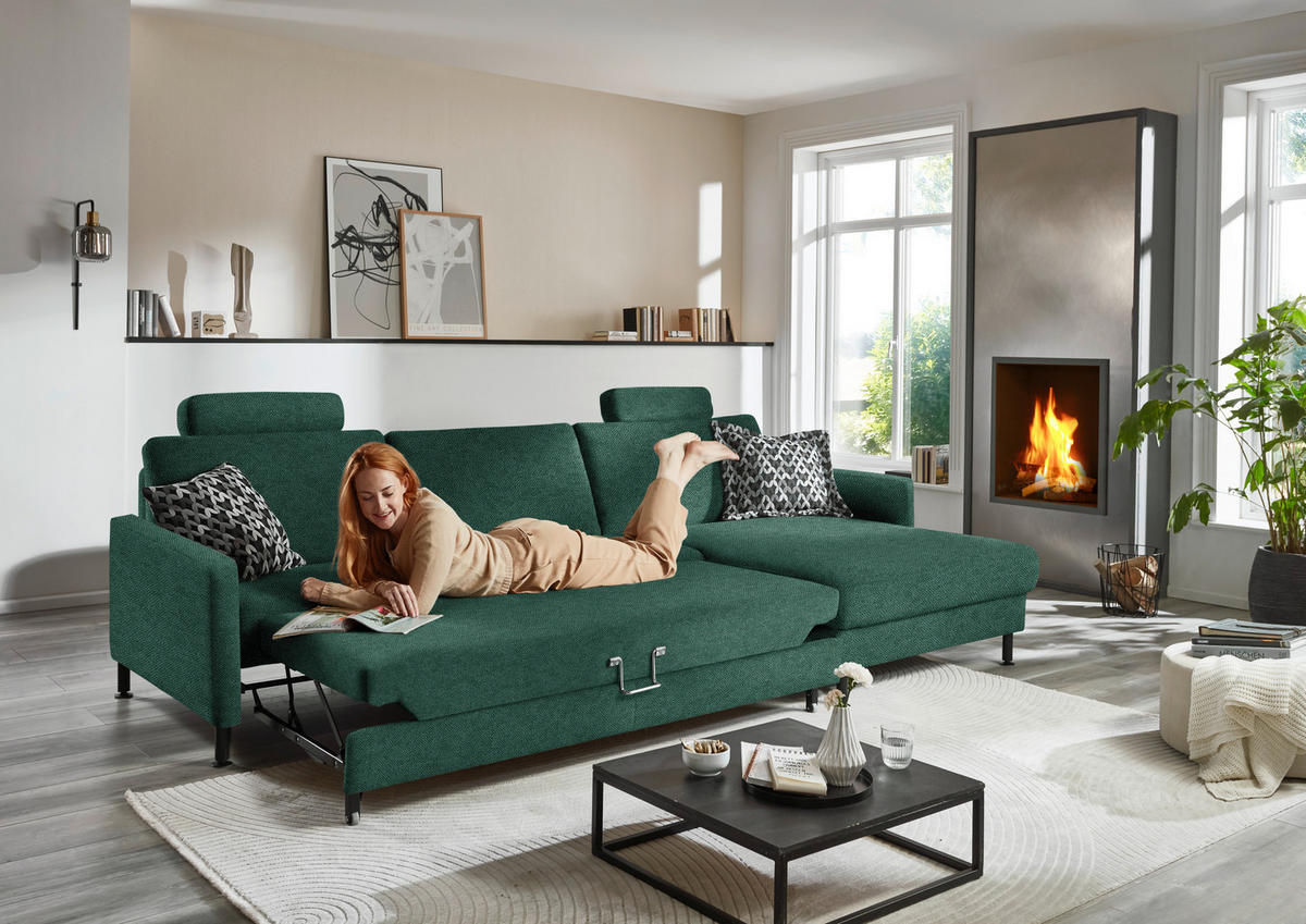 ECKSOFA Dieter Knoll in Chenille, Flachgewebe Waldgrün  316/175 cm  - Waldgrün/Schwarz, Design, Textil/Metall (316/175cm) - Dieter Knoll