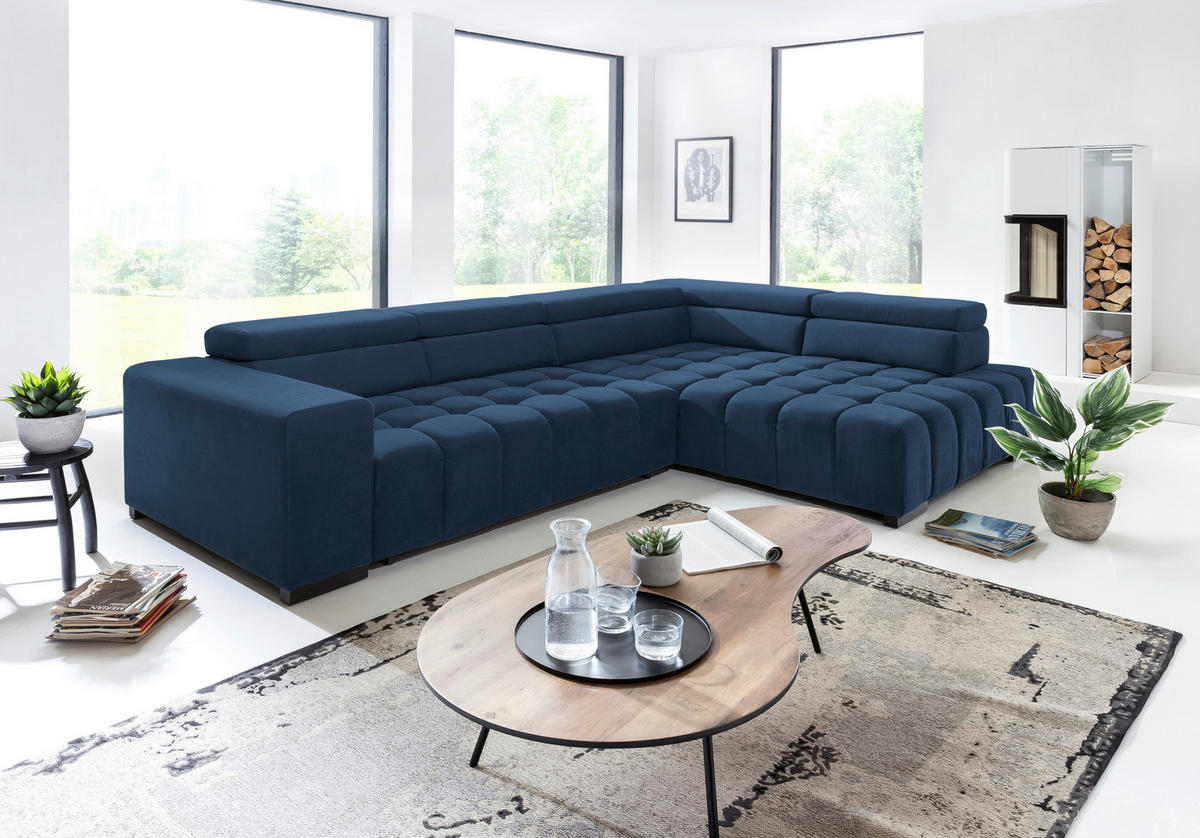 ECKSCHLAFSOFA in Blau Textil   - Blau/Schwarz, Design, Holz/Textil (307/201cm) - Livetastic