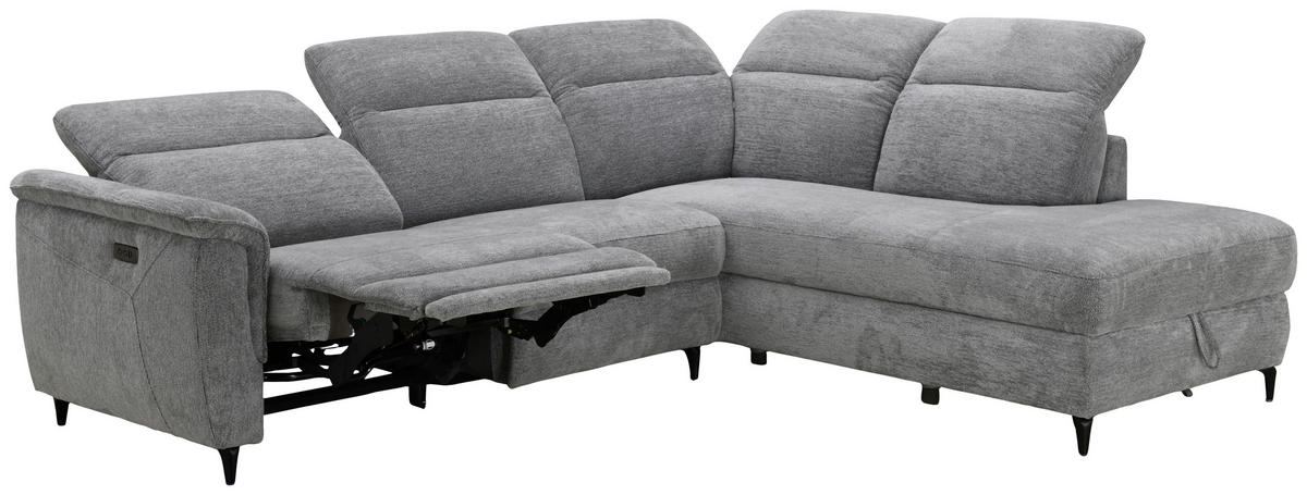 ECKSOFA Grau Chenille Relaxfunktion, Kopfteilverstellung, Stauraum  - Schwarz/Grau, Design, Textil/Metall (266/220cm) - Xora