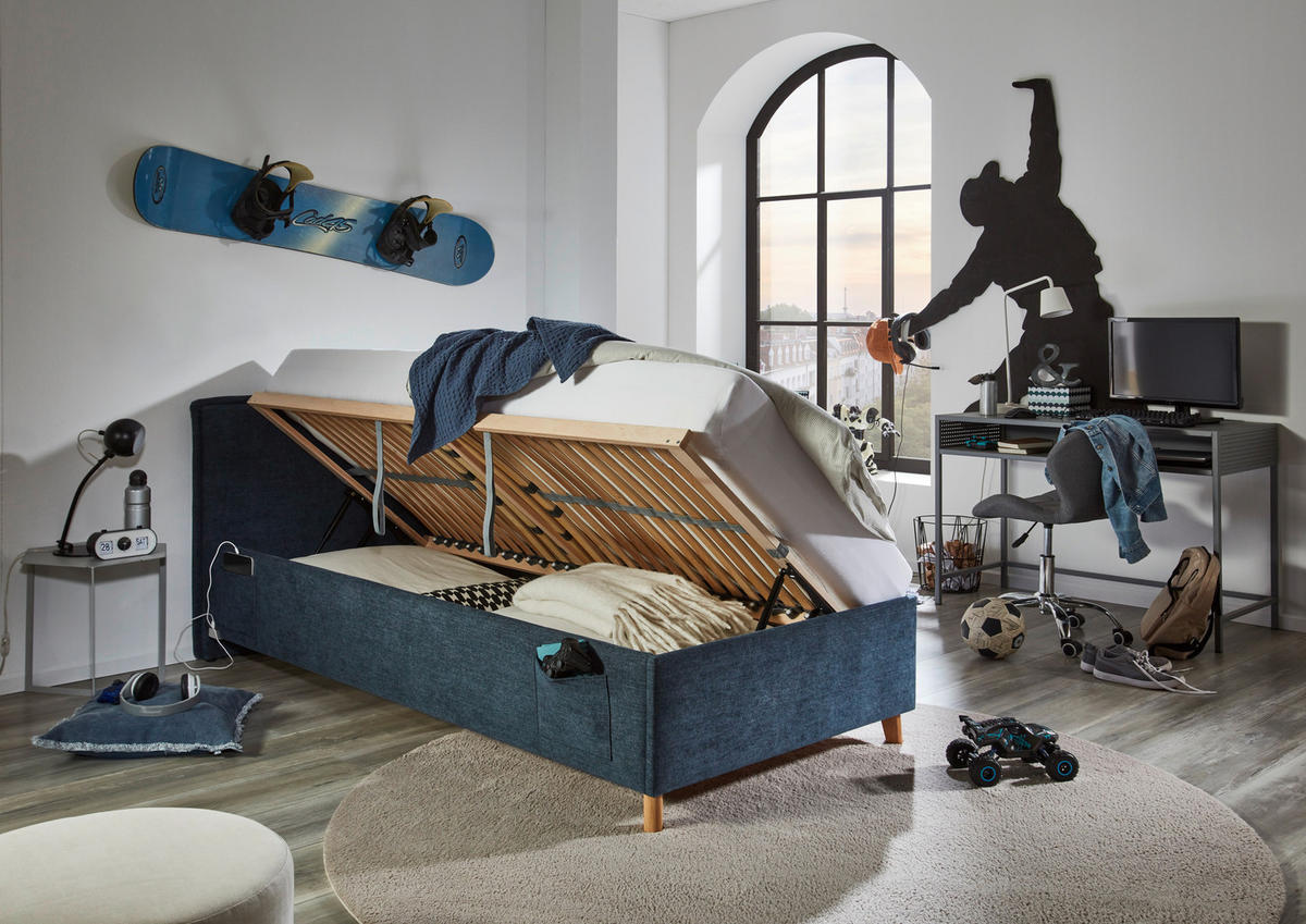 POLSTERBETT 90/200 cm  in Dunkelblau  - Eichefarben/Dunkelblau, Konventionell, Holz/Textil (90/200cm) - home24