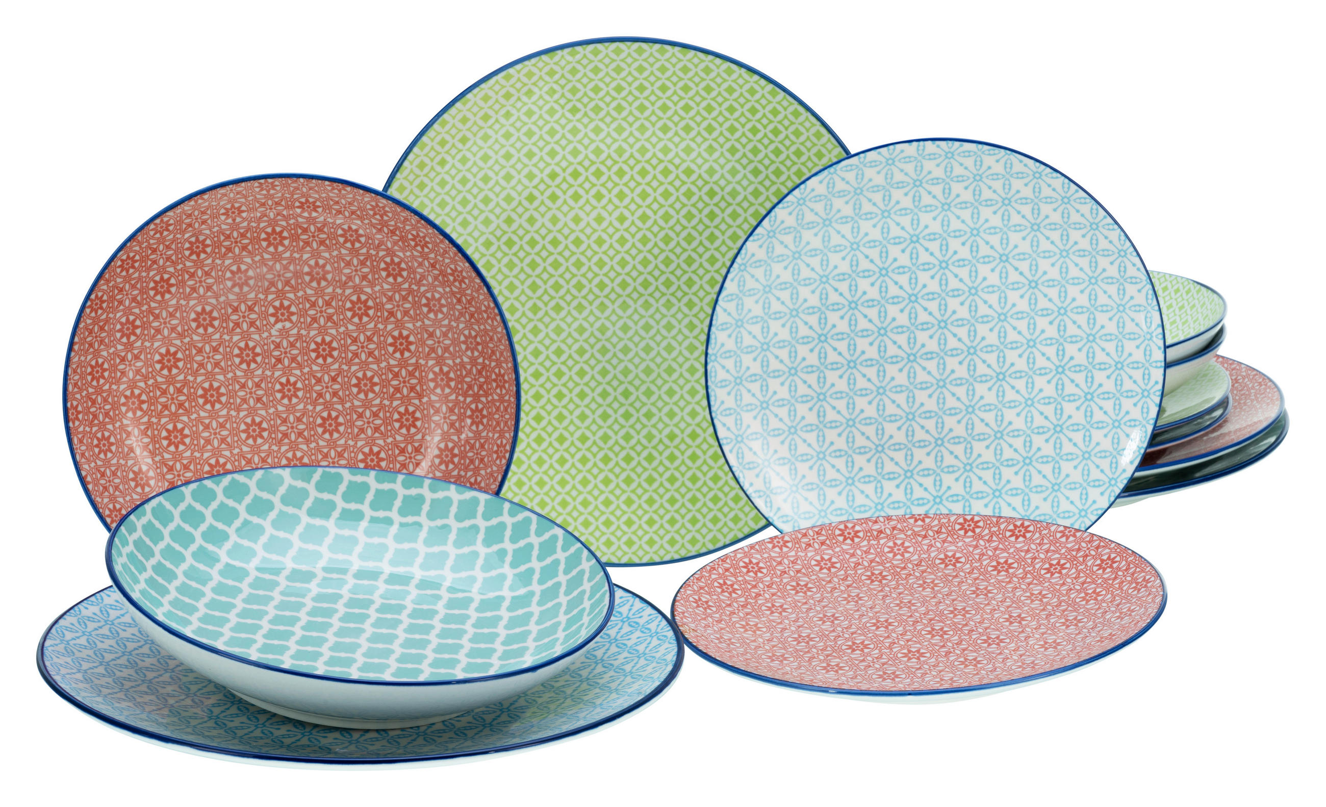 TAFELSERVICE Blau, Grün, Rot, Petrol 12-teilig Mediterran  - Blau/Rot, Basics, Keramik (30,5/30/32cm) - Creatable