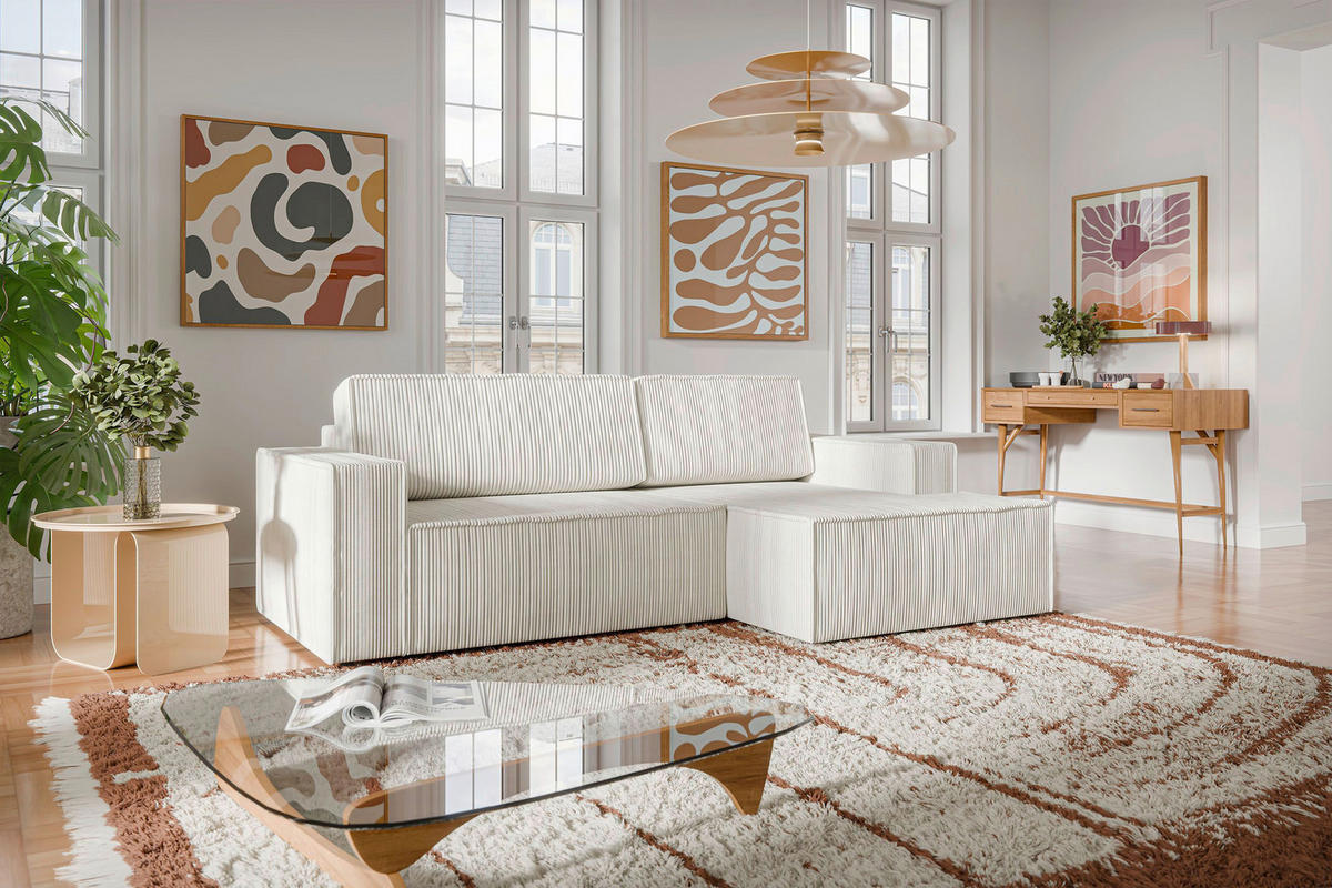 ECKSOFA inkl. Funktion Beige Cord  - Beige/Schwarz, MODERN, Kunststoff/Textil (245/149cm) - Stylife