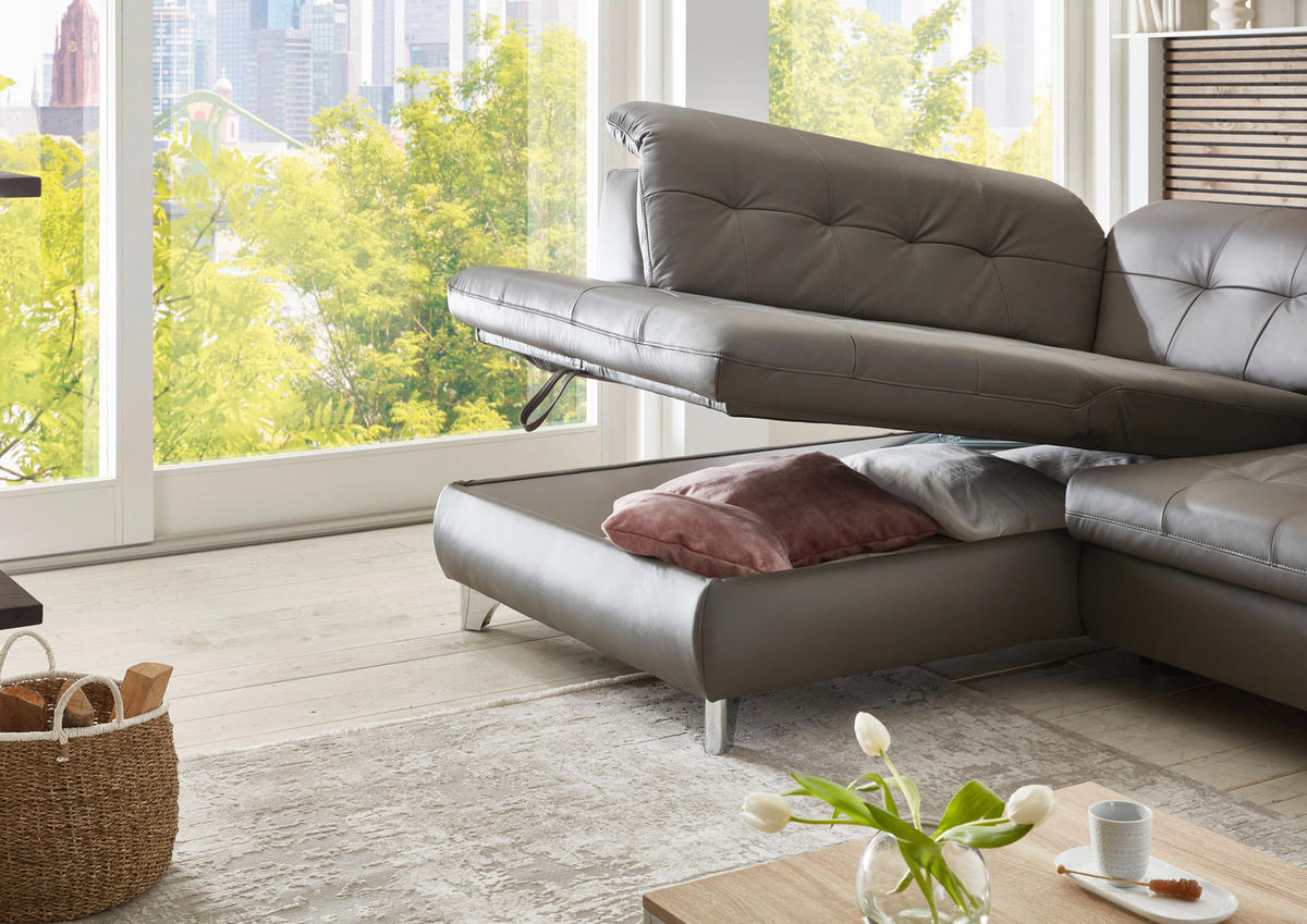 ECKSOFA in Echtleder Grau  - Grau, Basics, Leder/Metall (211/309cm) - Beldomo Speed