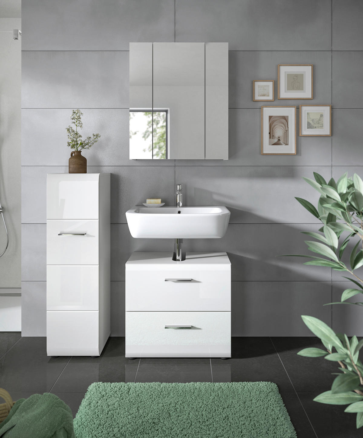 BADEZIMMER 3-teilig  in 90 cm  - Weiß Hochglanz/Silberfarben, MODERN, Holzwerkstoff/Kunststoff (90cm) - MID.YOU