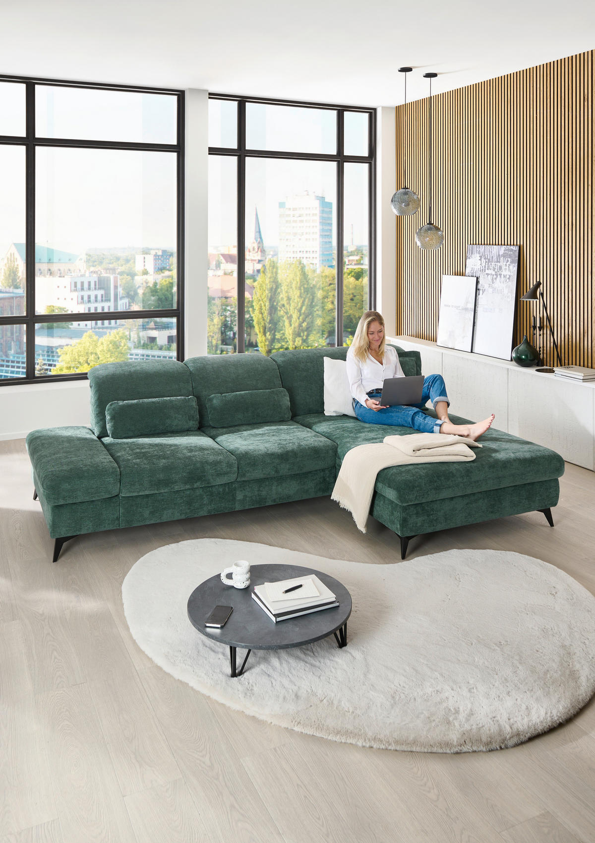 ECKSOFA Dunkelgrün Chenille  - Dunkelgrün/Schwarz, Design, Textil/Metall (288/198cm) - Beldomo Style