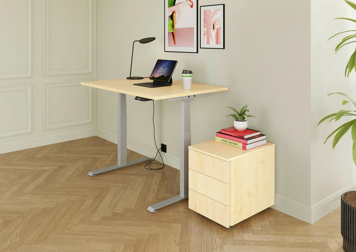SCHREIBTISCH 140/80/64,5-129,5 cm Silberfarben, Ahornfarben elektrisch höhenverstellbar  - Silberfarben/Ahornfarben, KONVENTIONELL, Holzwerkstoff/Metall (140/80/64,5-129,5cm) - Venda