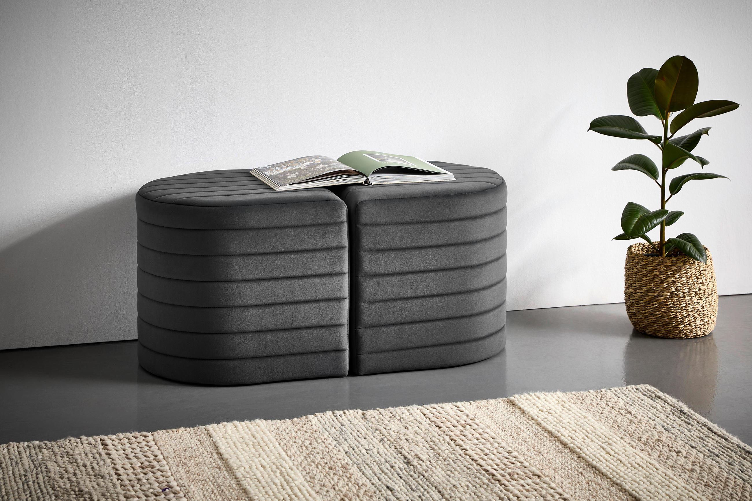 HOCKERBANK 50/50/44/44/50/50 cm Samt Dunkelgrau  - Dunkelgrau/Schwarz, Design, Textil (50/50/44/44/50/50cm) - MID.YOU