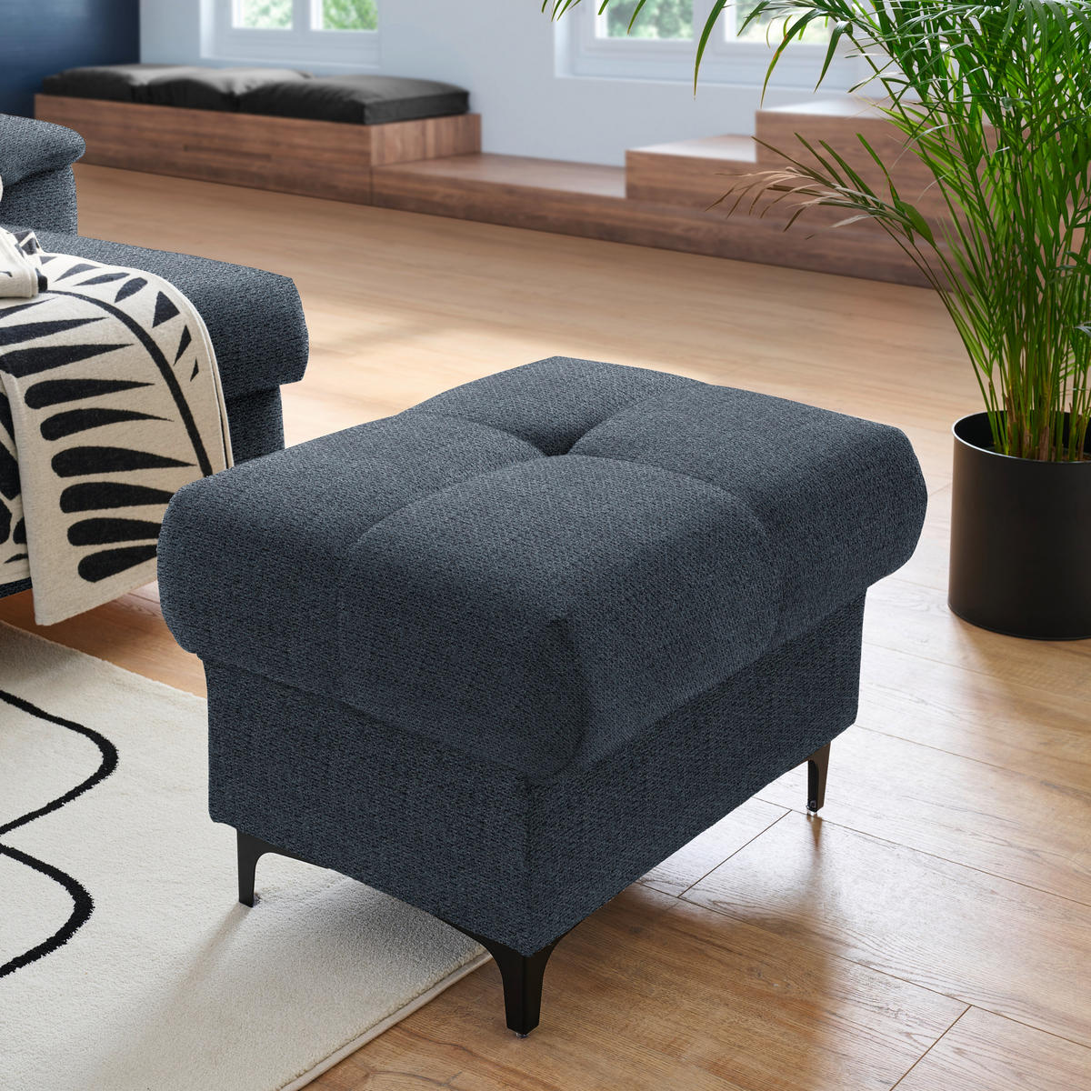 ECKSOFA in Chenille Dunkelblau  - Schwarz/Dunkelblau, Design, Textil/Metall (185/256cm) - Stylife