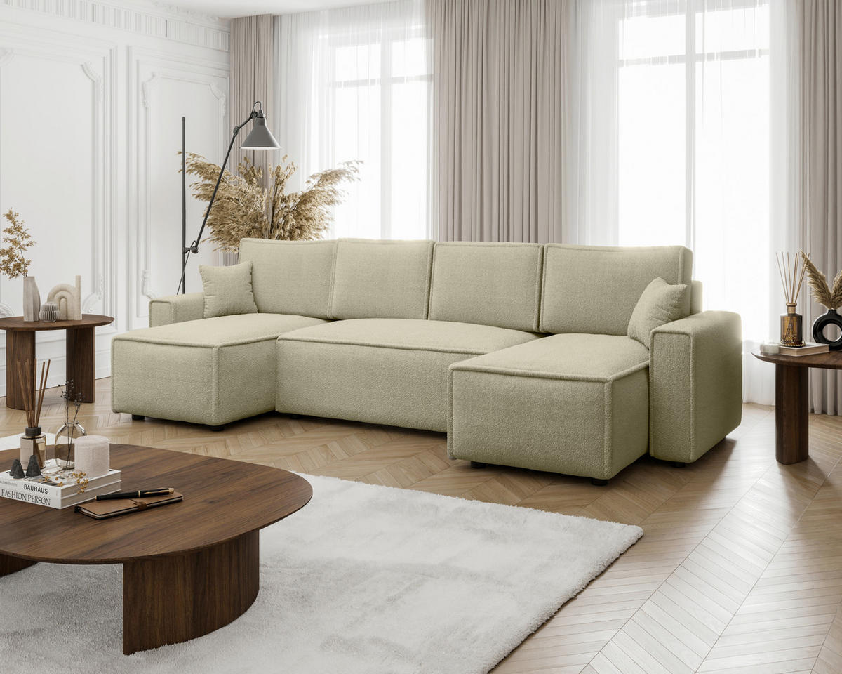 WOHNLANDSCHAFT Beige Bouclé  - Beige/Schwarz, MODERN, Kunststoff/Textil (140/305/140cm) - Carryhome