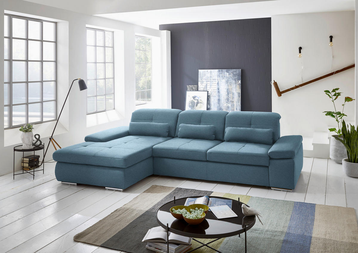ECKSOFA  in Flachgewebe Hellblau  195/309 cm  - Chromfarben/Hellblau, Design, Textil (195/309cm) - Beldomo Style