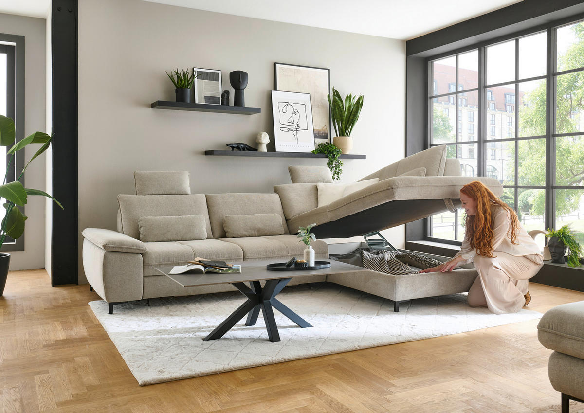 ECKSOFA Flachgewebe Sandfarben  - Sandfarben/Schwarz, Design, Textil/Metall (308/214cm) - Beldomo Speed