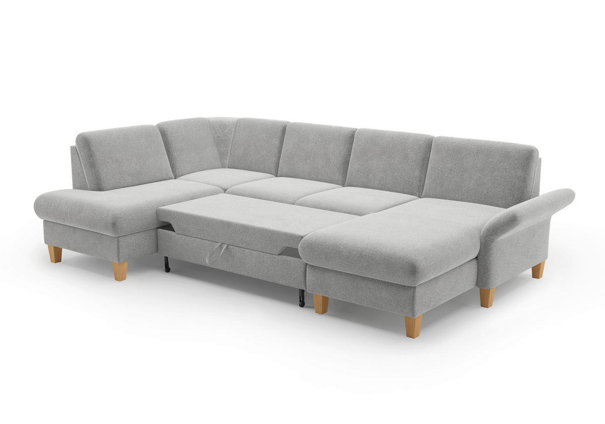 WOHNLANDSCHAFT Hellgrau Flachgewebe  - Eichefarben/Hellgrau, KONVENTIONELL, Holz/Textil (195/314/164cm) - Sit & More