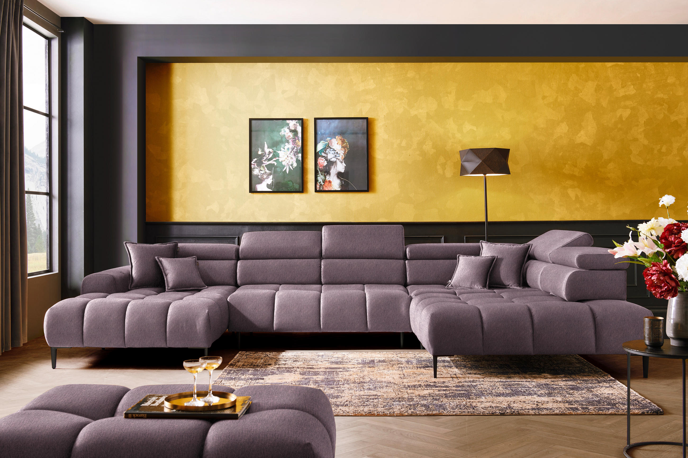 WOHNLANDSCHAFT in Samt, Webstoff Flieder  - Flieder/Schwarz, Design, Textil/Metall (177/385/216cm) - Welnova