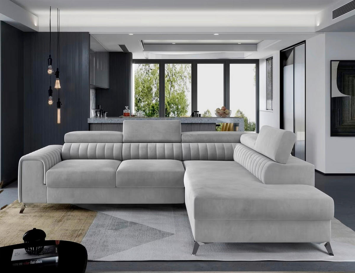 ECKSOFA Hellgrau Samt  - Silberfarben/Hellgrau, Design, Textil/Metall (278/205cm) - MID.YOU