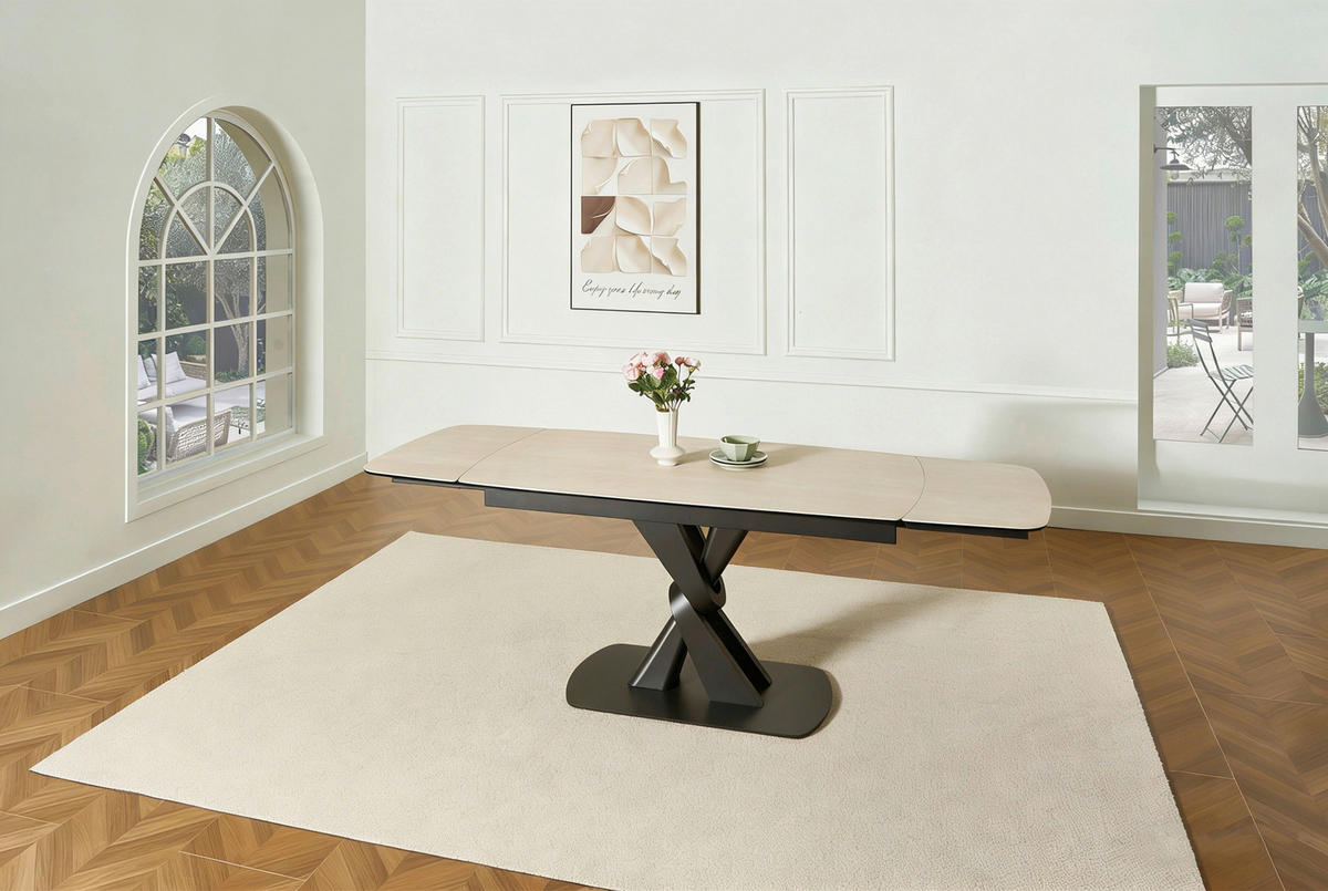 ESSTISCH in Metall, Glas, Stein 160-240/90/76 cm  - Beige/Schwarz, Design, Glas/Stein (160-240/90/76cm) - Novel