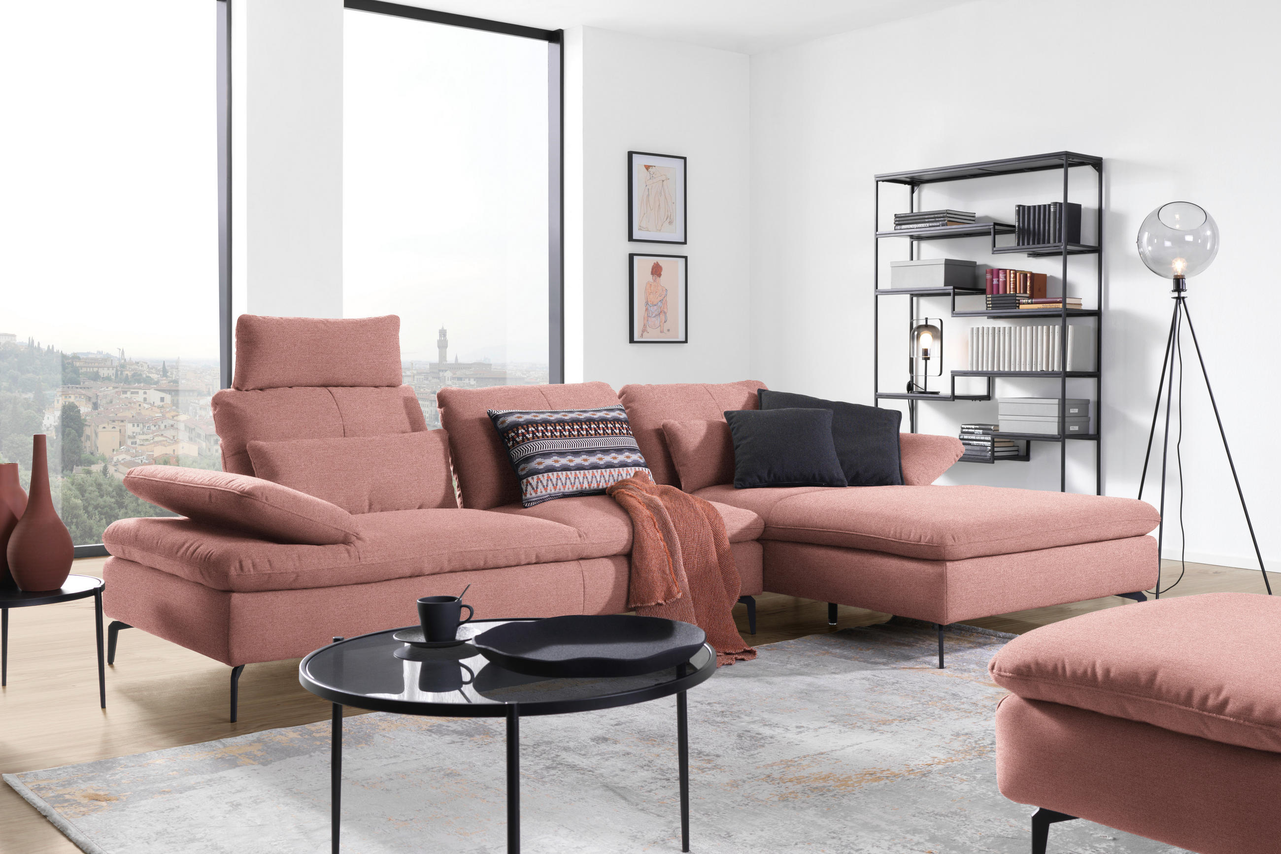 ECKSOFA in Webstoff Altrosa  - Schwarz/Altrosa, Design, Textil/Metall (301/179cm) - Chilliano