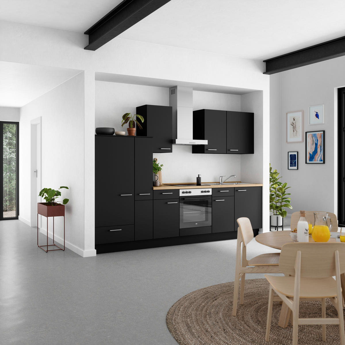 KÜCHENLEERBLOCK 300 cm   in Schwarz, Eichefarben  - Edelstahlfarben/Eichefarben, MODERN, Holzwerkstoff/Metall (300cm) - Nobilia