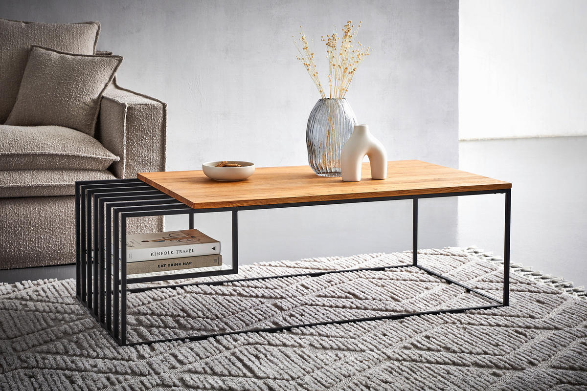 COUCHTISCH Eiche massiv Klarglas rechteckig Schwarz, Eichefarben  - Eichefarben/Schwarz, MODERN, Glas/Holz (120/40/60cm) - MID.YOU