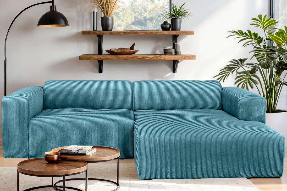 ECKSOFA BASMA in Cord Hellblau  298/175 cm  - Schwarz/Hellblau, Design, Kunststoff/Textil (298/175cm) - P & B