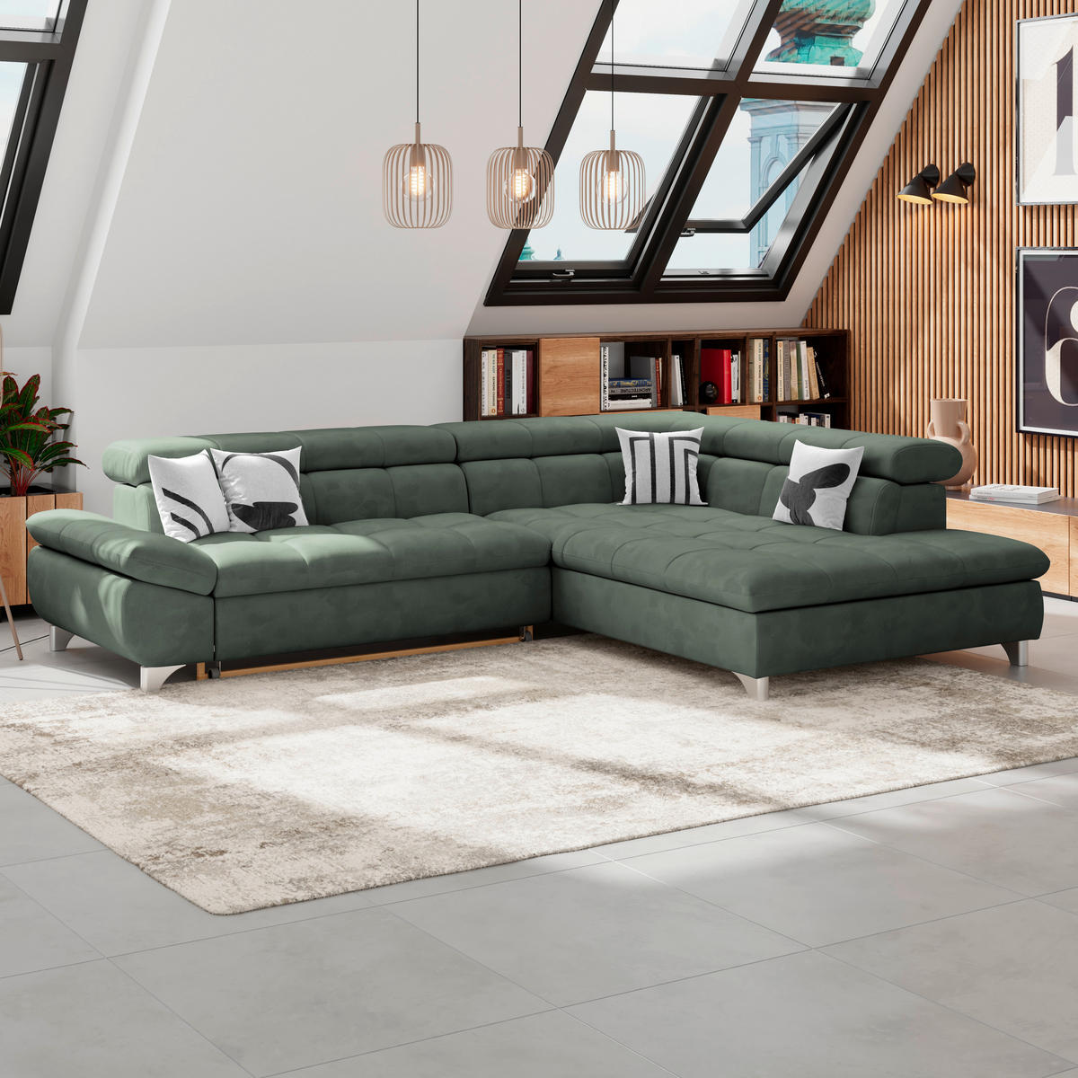 ECKSOFA Grün Chenille  - Chromfarben/Grün, KONVENTIONELL, Textil/Metall (312/234cm) - Livetastic