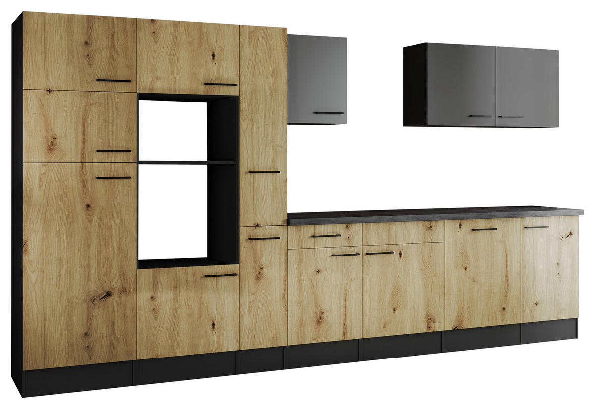 MODULKÖK UTAN VITVAROR 370 cm   i grå, ek Artisan  - svart/grå, Design, metall/trämaterial (370cm) - Respekta