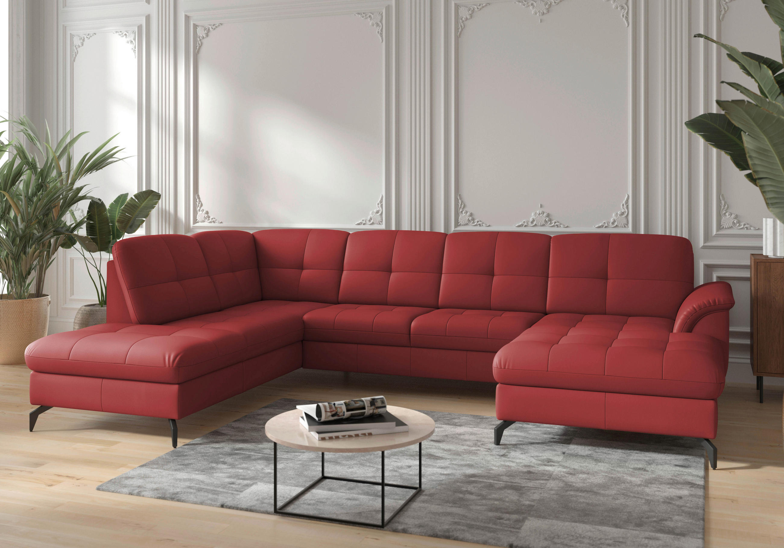 WOHNLANDSCHAFT in Vliesstoff Kombination Echtleder/Stoff Rot  - Rot/Schwarz, Modern, Leder/Textil (212/319/164cm) - Sit & More