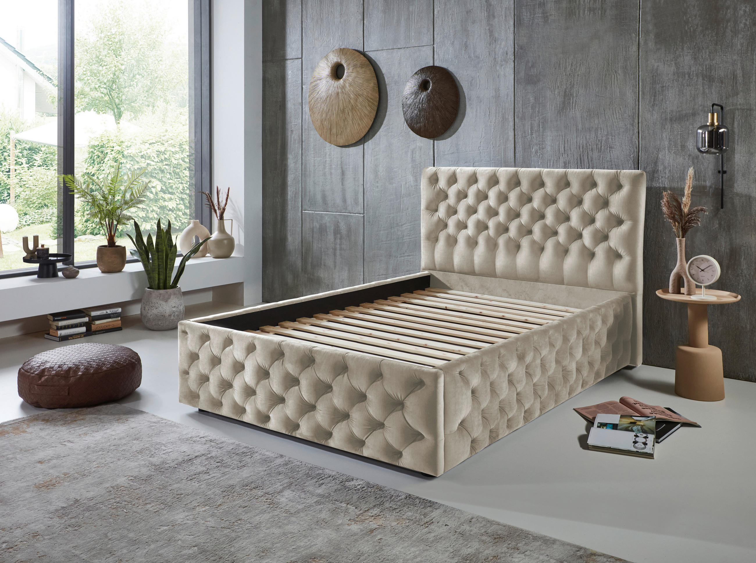 POLSTERBETT gepolstertes Kopfteil 140/200 cm  in Beige  - Beige/Schwarz, KONVENTIONELL, Kunststoff/Textil (140/200cm) - home24