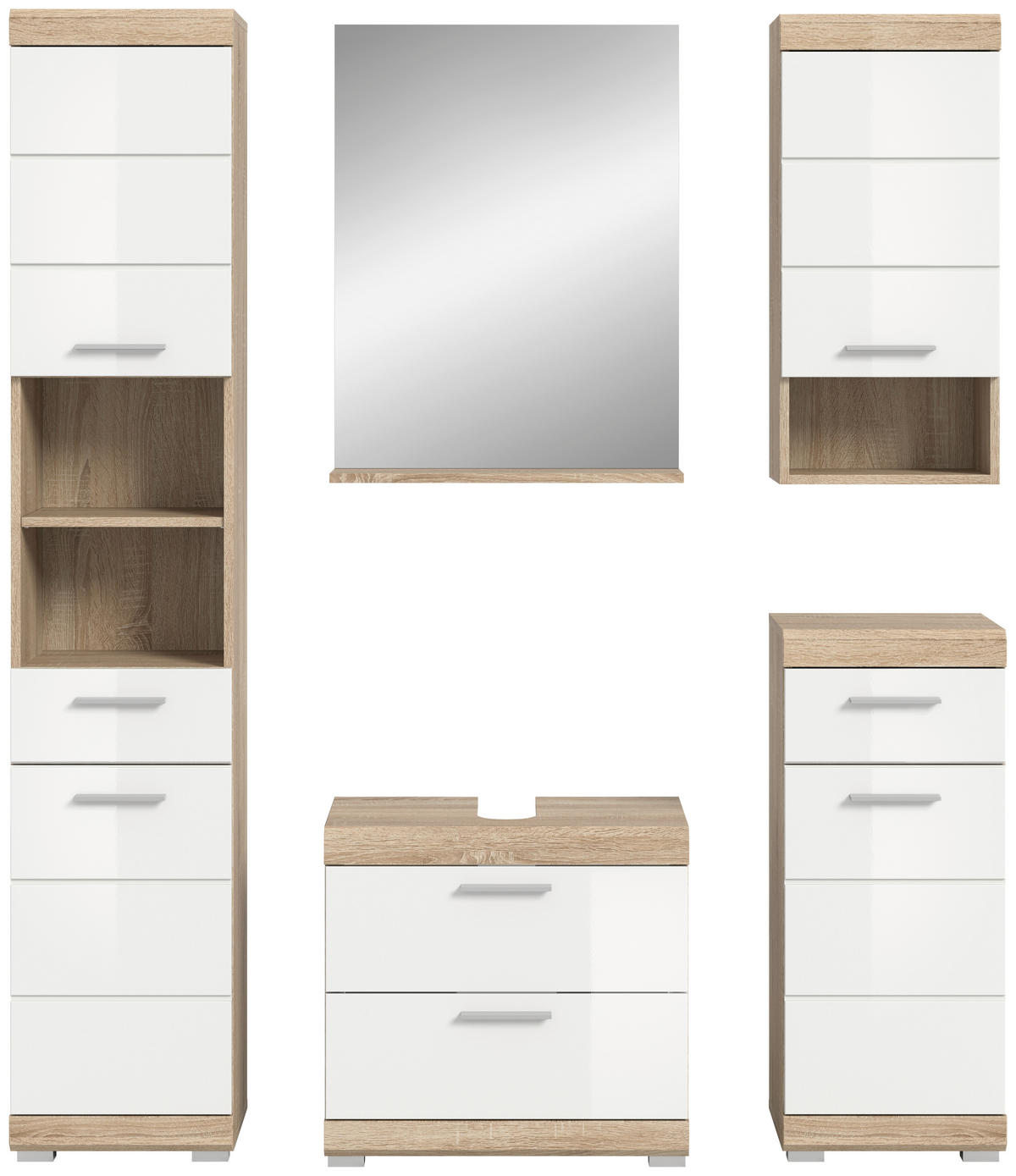 BADEZIMMER 5-teilig  in 134 cm  - Weiß Hochglanz/Silberfarben, MODERN, Glas/Holzwerkstoff (134cm) - MID.YOU