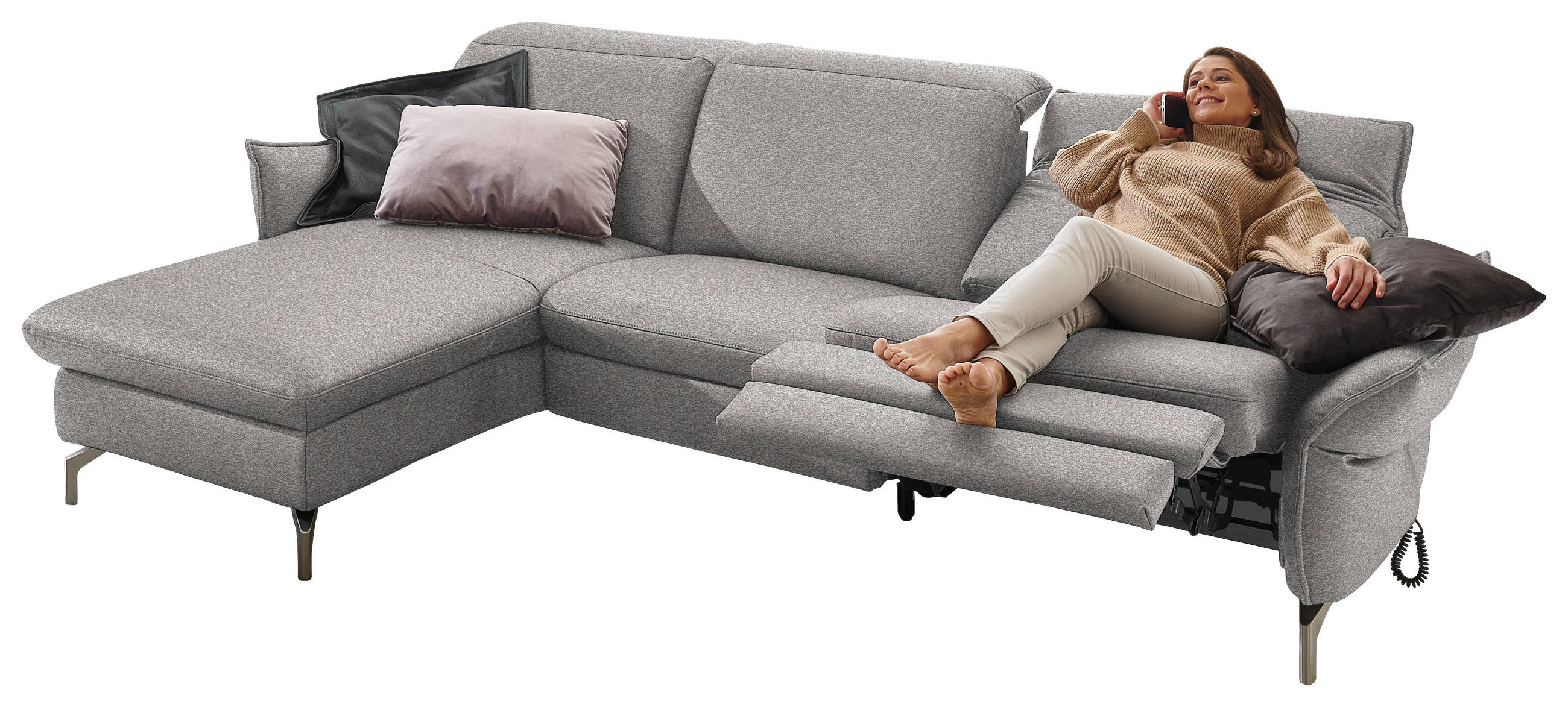 Thumbnail - Livetastic Ecksofa, Grau, Weiß, Textil, 4-Sitzer, Ottomane links, L-Form, 233x179 cm, Hocker erhältlich, motorische Rela...