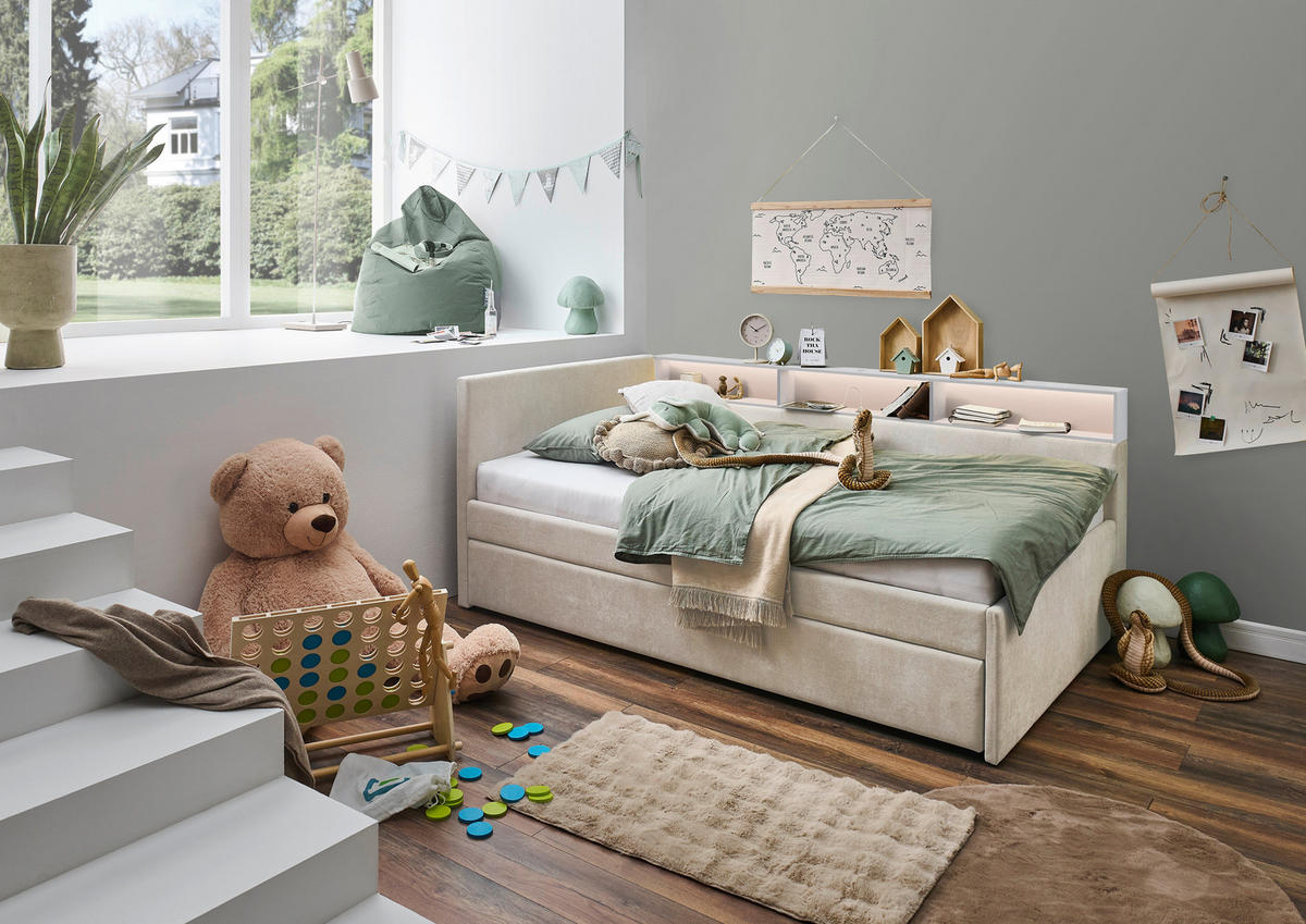 STAURAUMBETT 120/200 cm  in Weiß, Beige  - Beige/Weiß, MODERN, Holz/Holzwerkstoff (120/200cm) - Stylife
