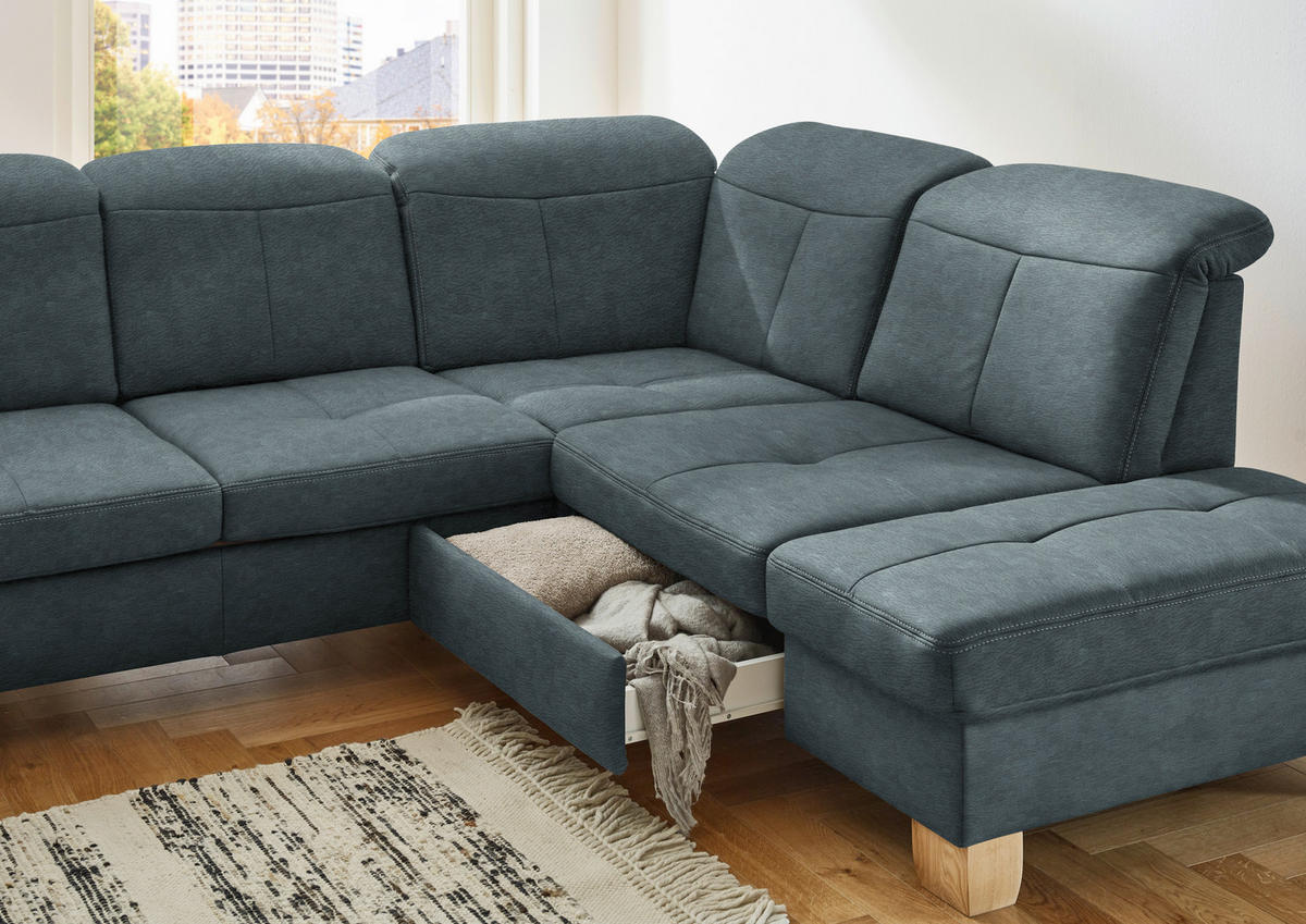 WOHNLANDSCHAFT in Mikrofaser Blau  - Wildeiche/Blau, Konventionell, Holz/Textil (185/343/243cm) - Voleo