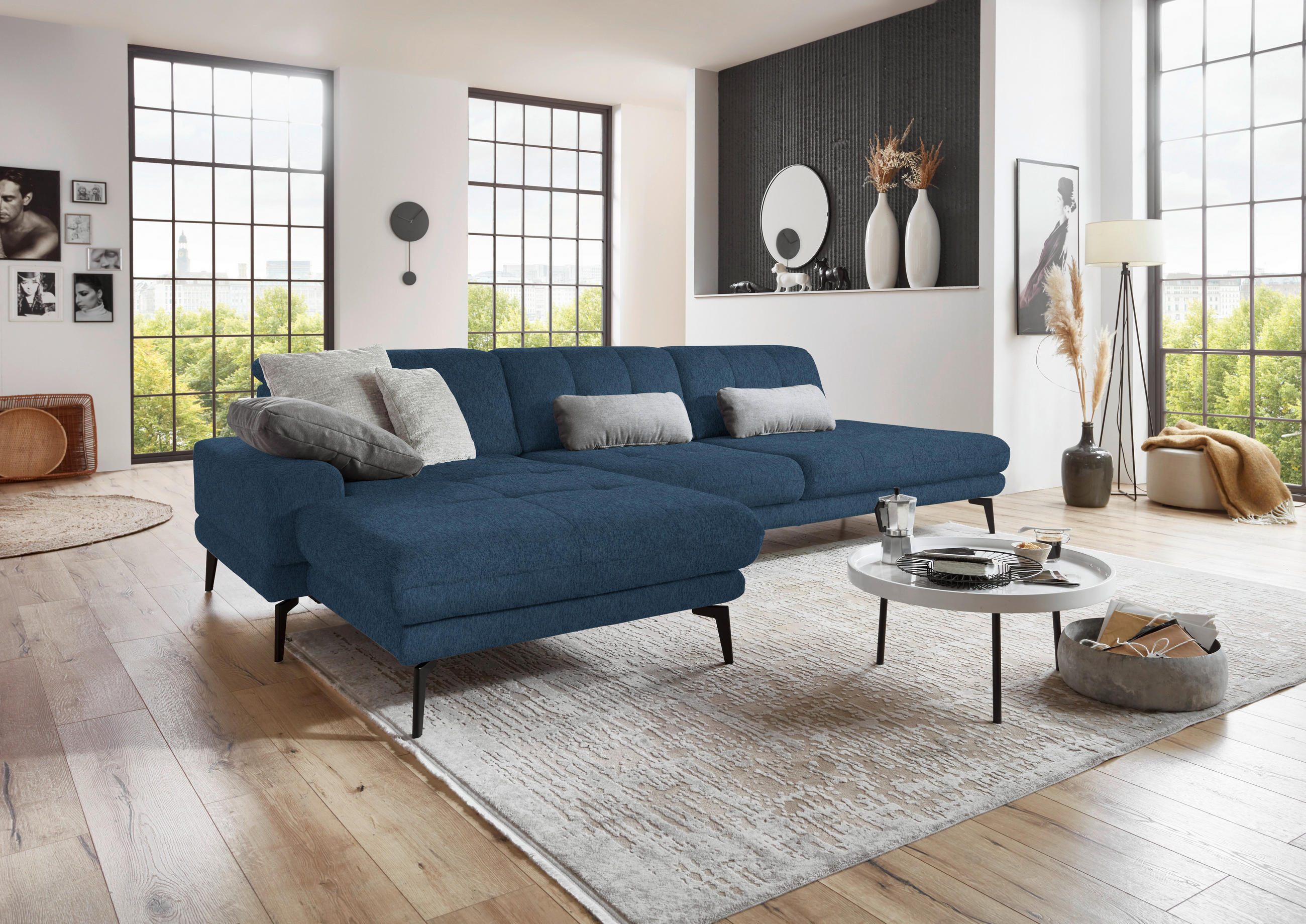 ECKSOFA in Flachgewebe Blau  - Blau/Schwarz, Design, Textil/Metall (190/309cm) - Beldomo Style