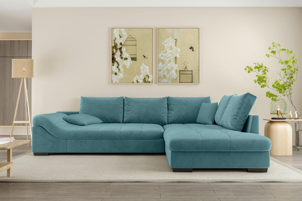 ECKSOFA in Cord Türkis  - Türkis/Schwarz, Konventionell, Holz/Textil (298/202cm) - MID.YOU