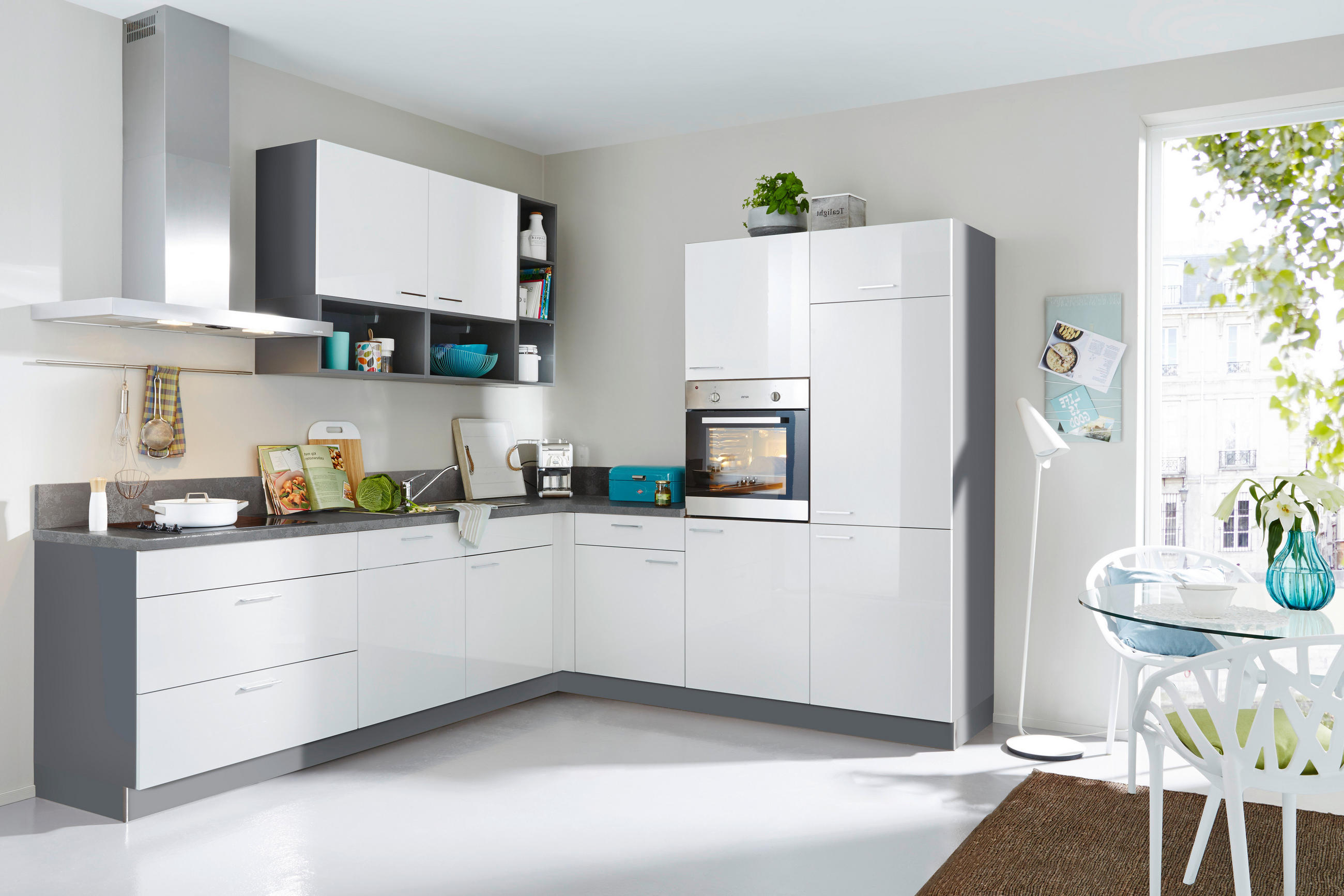 KÜCHENLEERBLOCK  275/245 cm  in Anthrazit, Weiß Hochglanz  - Edelstahlfarben/Weiß Hochglanz, MODERN, Holzwerkstoff/Metall (275/245cm) - Welnova