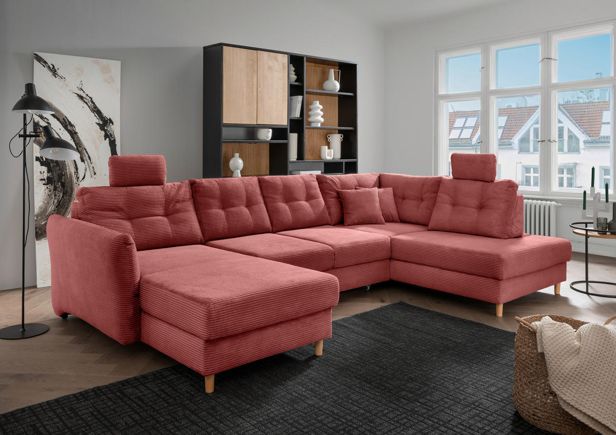 WOHNLANDSCHAFT in Cord Koralle  - Koralle/Naturfarben, Modern, Holz/Textil (176/338-352/206cm) - Livetastic