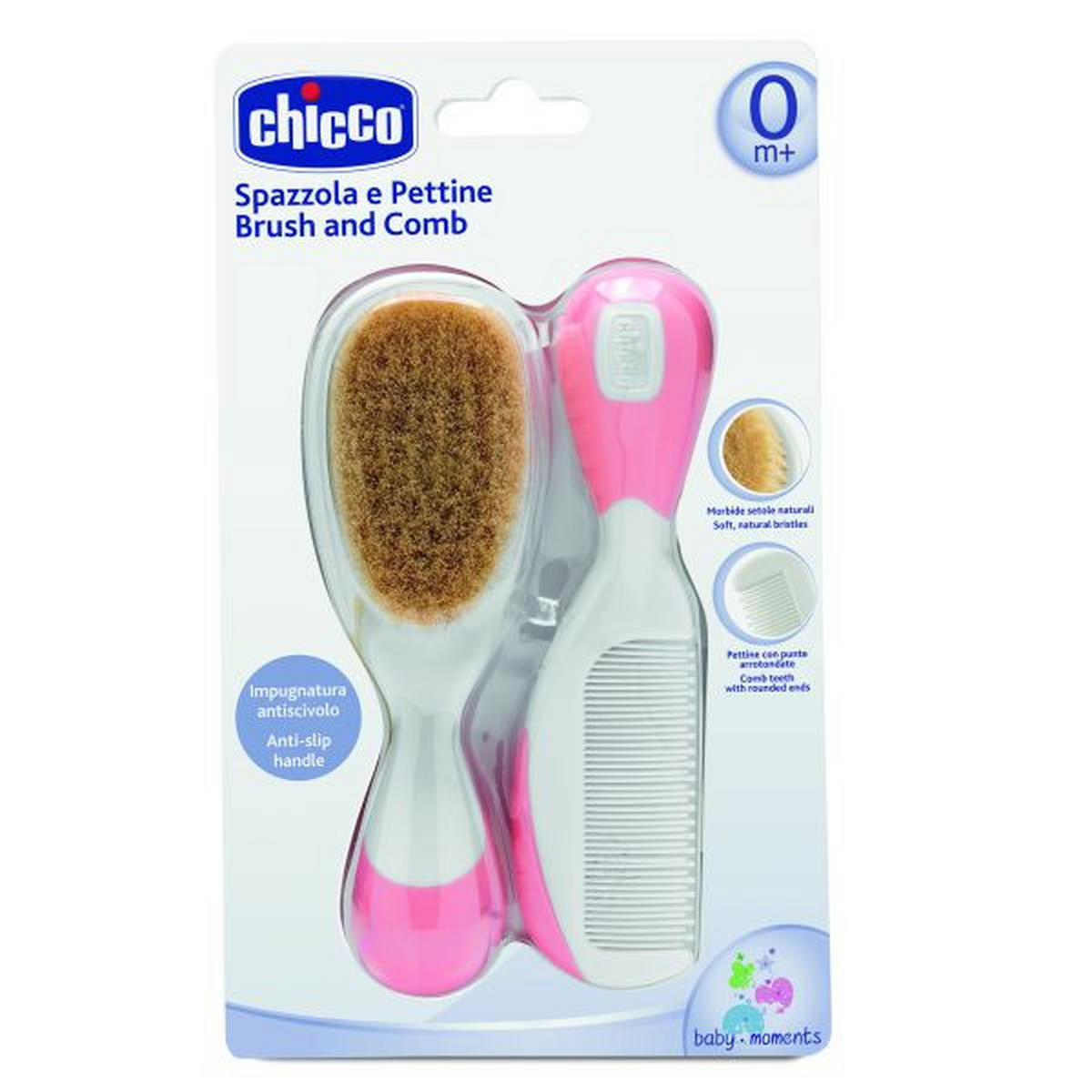 ČEŠALJ I ČETKA ZA BEBE   - bijela/ružičasta, Basics, plastika/prirodni materijali (5/14cm) - Chicco