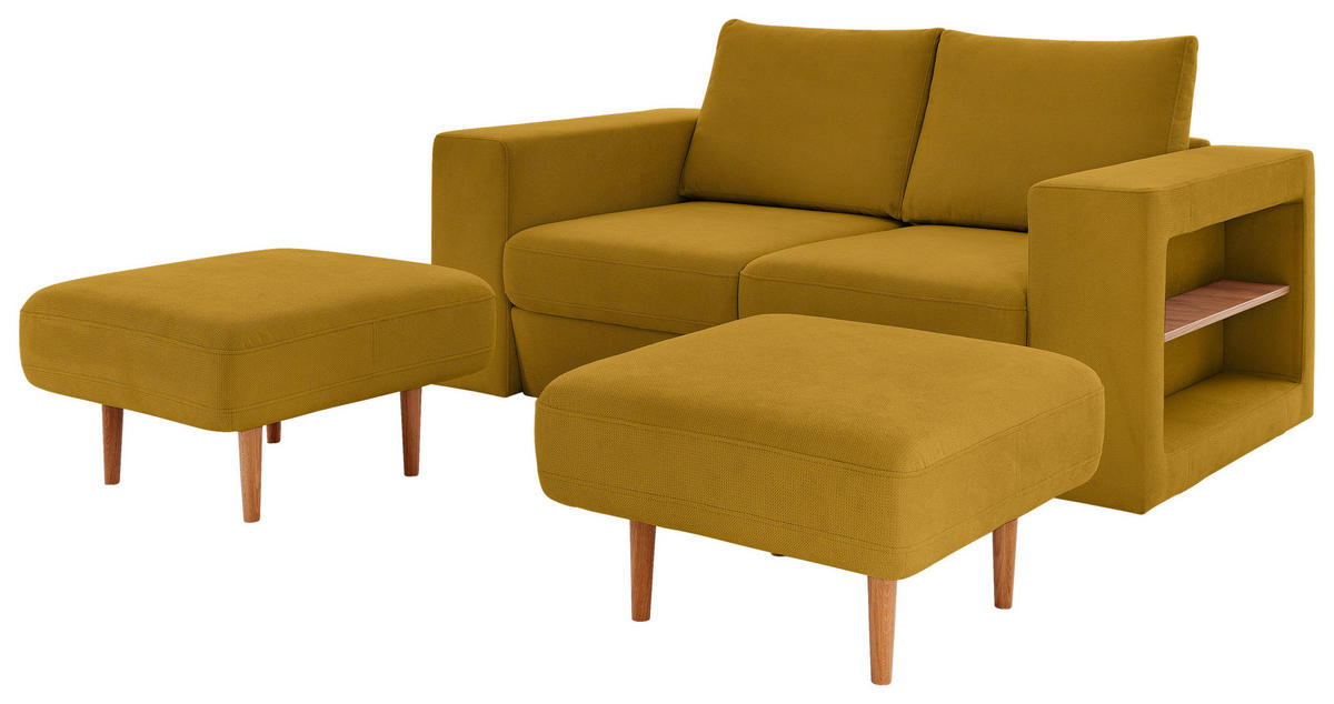 ZWEISITZER-SOFA inkl. Hocker in Webstoff Gelb  - Eichefarben/Gelb, Design, Holz/Textil (172/96/107cm) - LOOKS by W.Joop