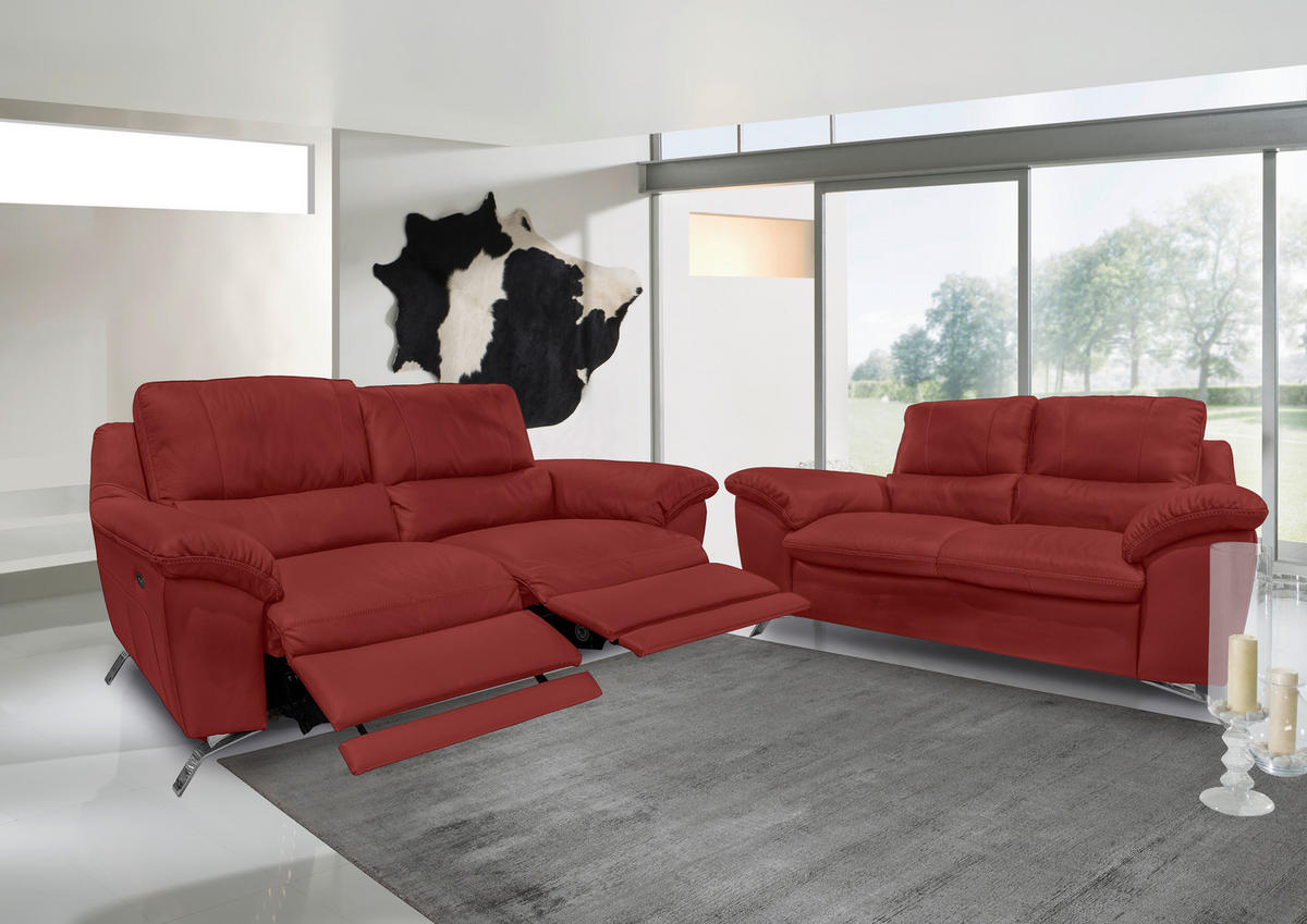 2,5-SITZER mit Relaxfunktion in Kombination Echtleder/Lederlook Rot  - Silberfarben/Rot, Design, Leder/Metall (216/97/95-151cm) - Livetastic